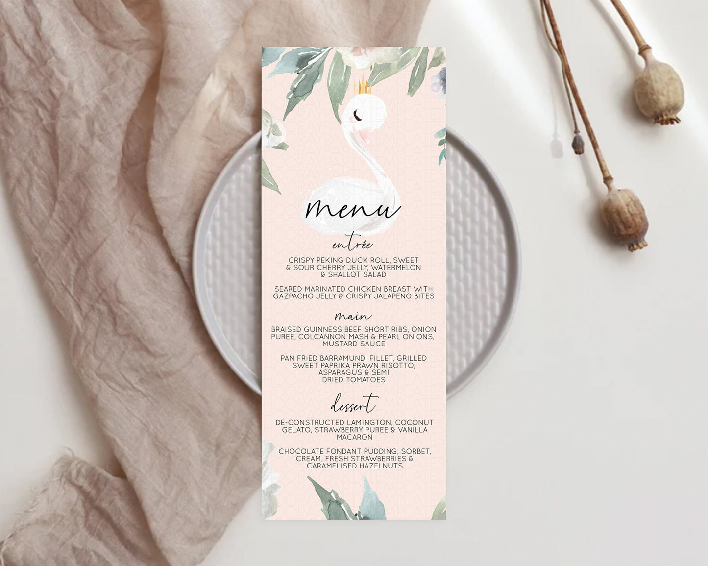 Swan Menu Swan Princess Ballet Menu Template Enchanted Swan Lake Table Decor Secret Garden Pastel Floral Dinner Dessert Food Menu  D10755