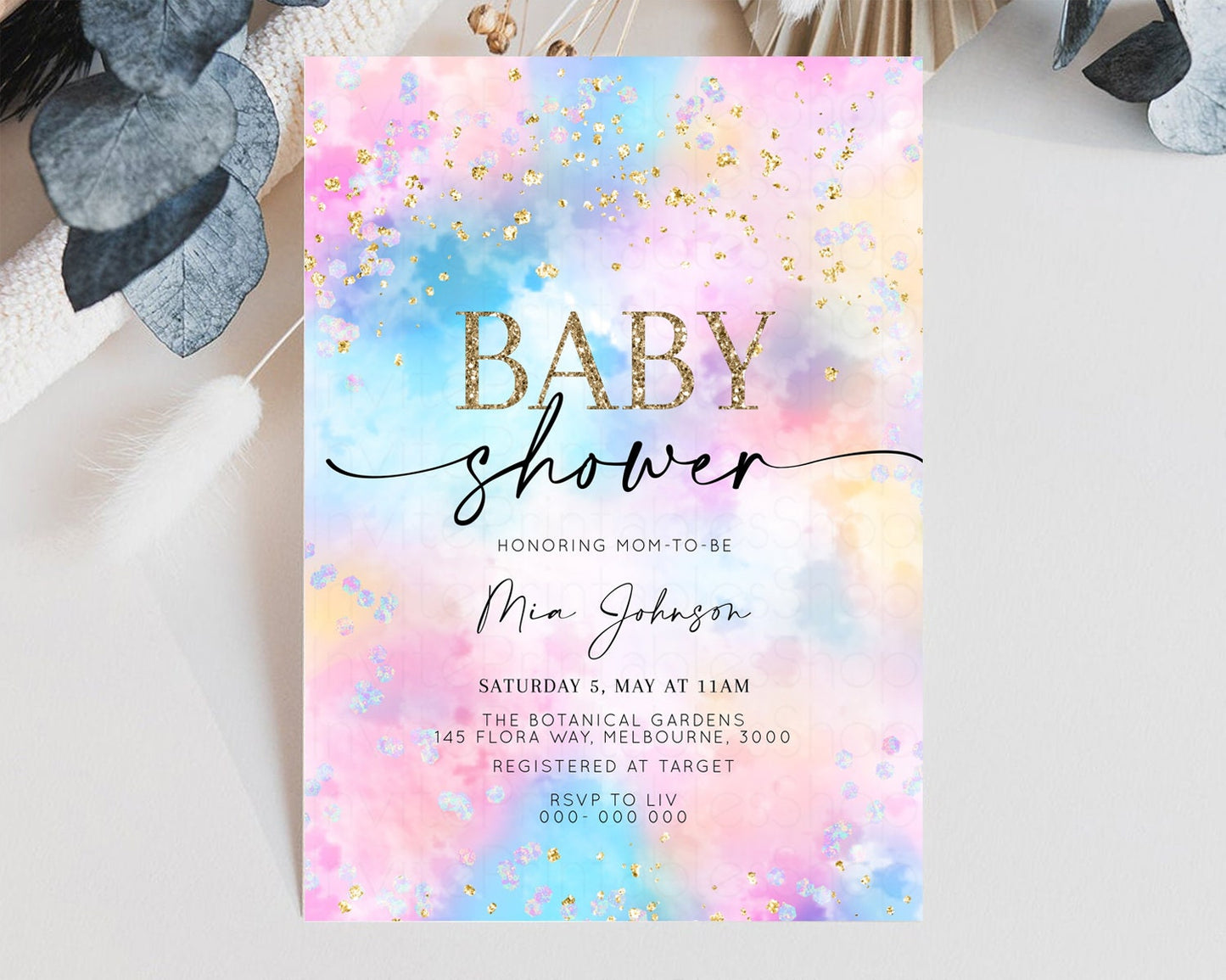 Rainbow Baby Shower Invitation Watercolor Pastel Invite Colorful Splash Baby Invite Glitter Sprinkles Ombre Clouds Invite Whimsical 589v4