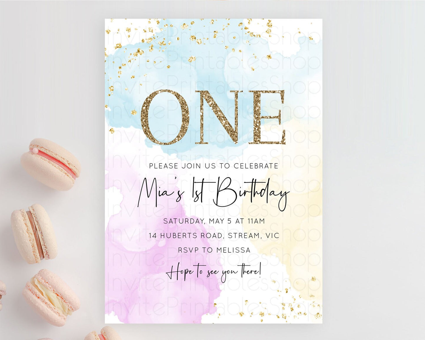 Rainbow Birthday Invitation Colorful Pastel Watercolor Invitation Gold Glitter Sprinkles Ombre Pastel 1st 2nd 3rd Birthday D10155