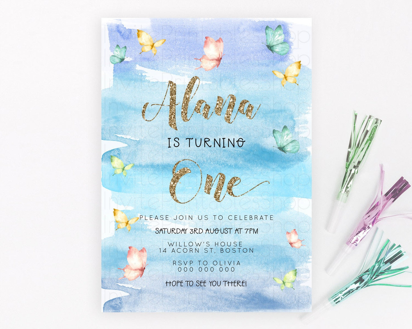 Blue Birthday Invitation Blue Watercolor Invitation Pastel Blue Watercolor Invitation Blue Splash Gold Invitation 1st First Birthday D23230