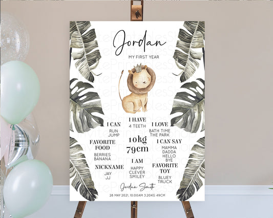 Lion First Birthday Milestone Board Lion Milestone Poster Lion Decor Safari Adventure Palm Leaf Lion First Birthday Welcome Sign D10599