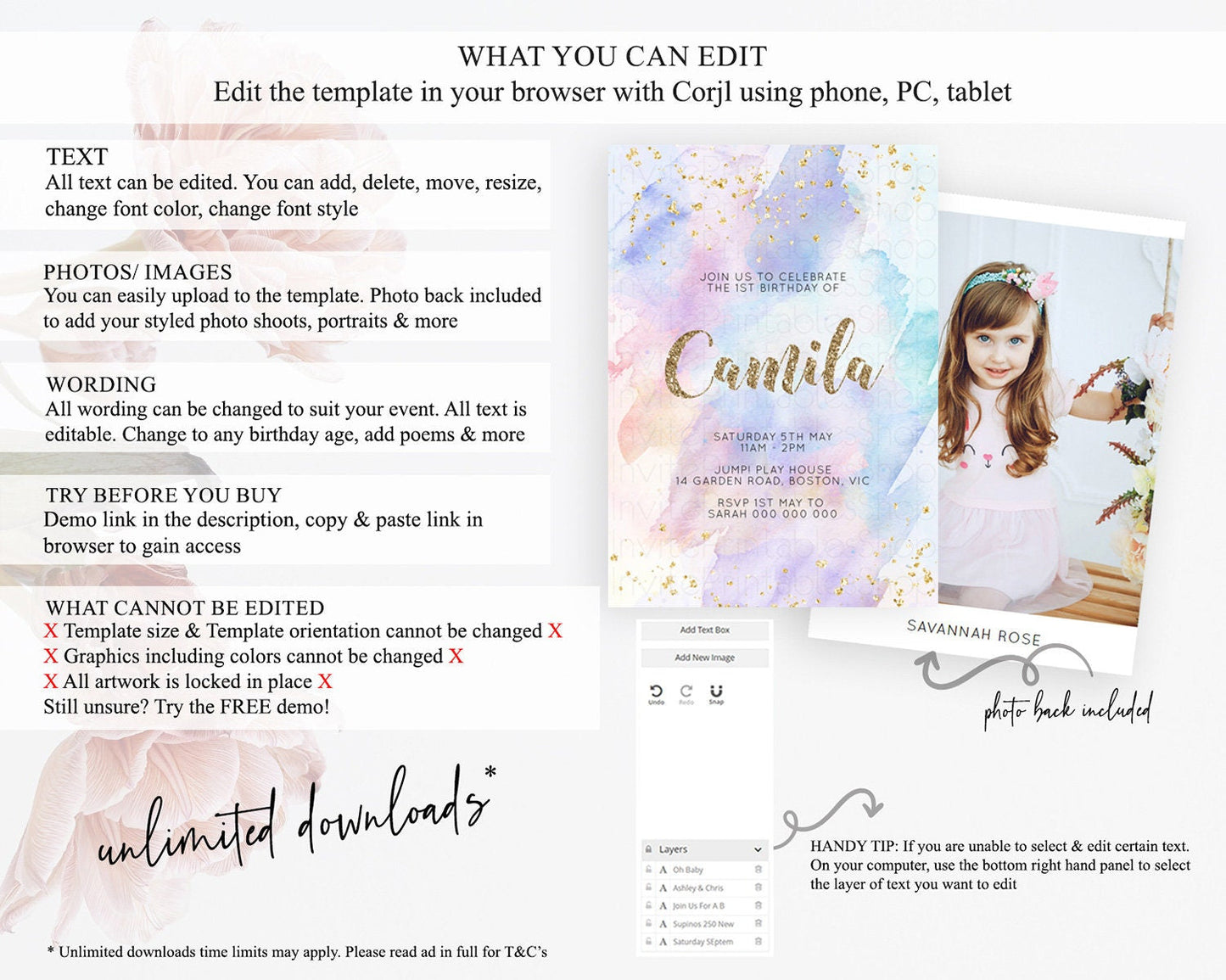 Rainbow Birthday Invitation Colorful Pastel Watercolor Invitation Gold Glitter Sprinkles Ombre Pastel 1st 2nd 3rd Birthday D10583
