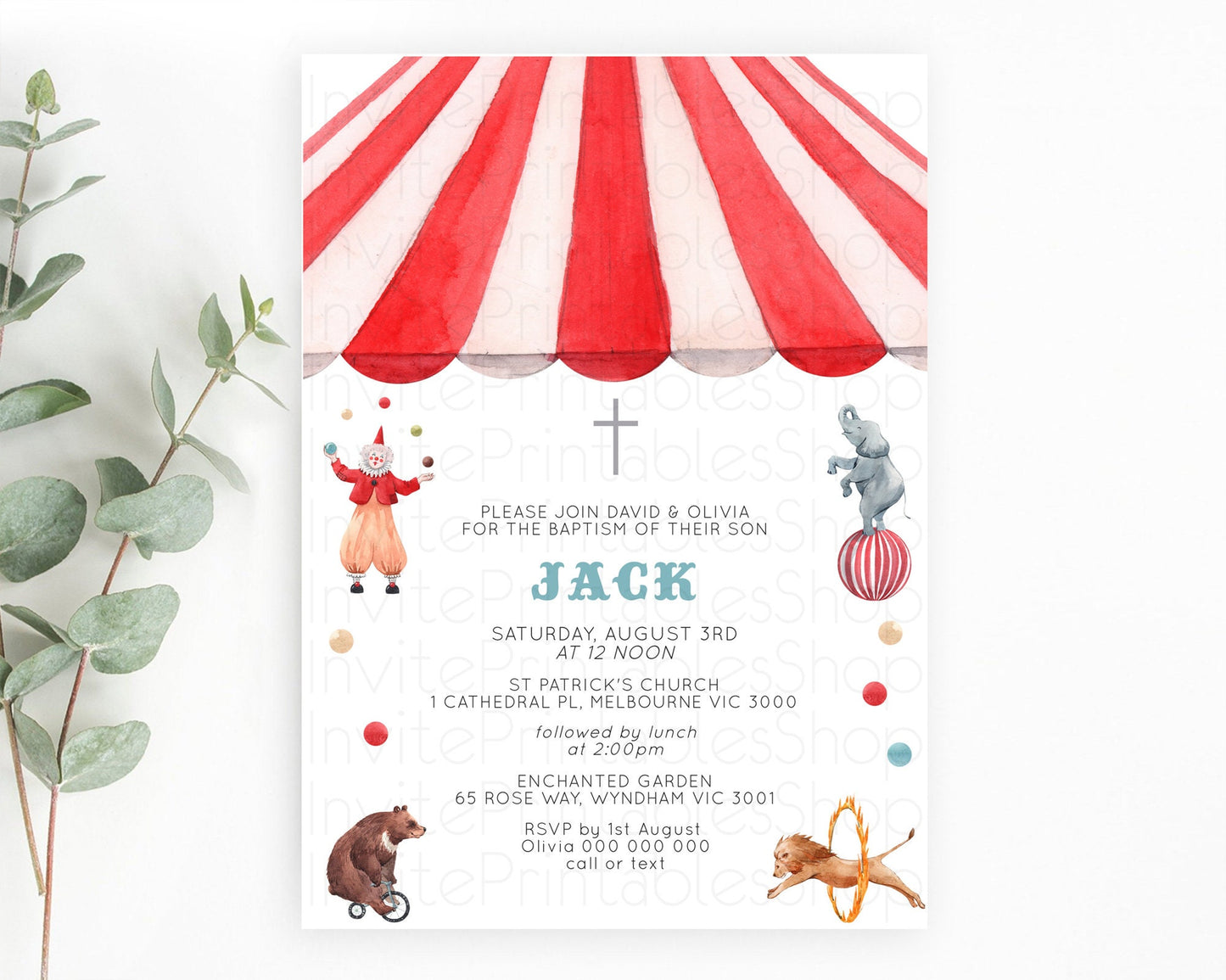 Circus Baptism Invitation Carnival Baptism 1st Birthday Invitation Clown Circus Lion Christening Invitation Circus Tent Elephant D10533