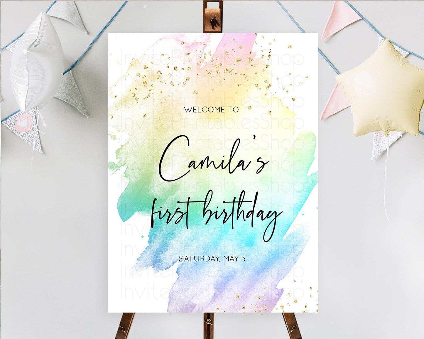 Pastel Welcome Sign Pastel Rainbow Welcome Sign Colorful Rainbow Confetti Watercolor Glitter Pastel First Birthday Welcome Sign D10256