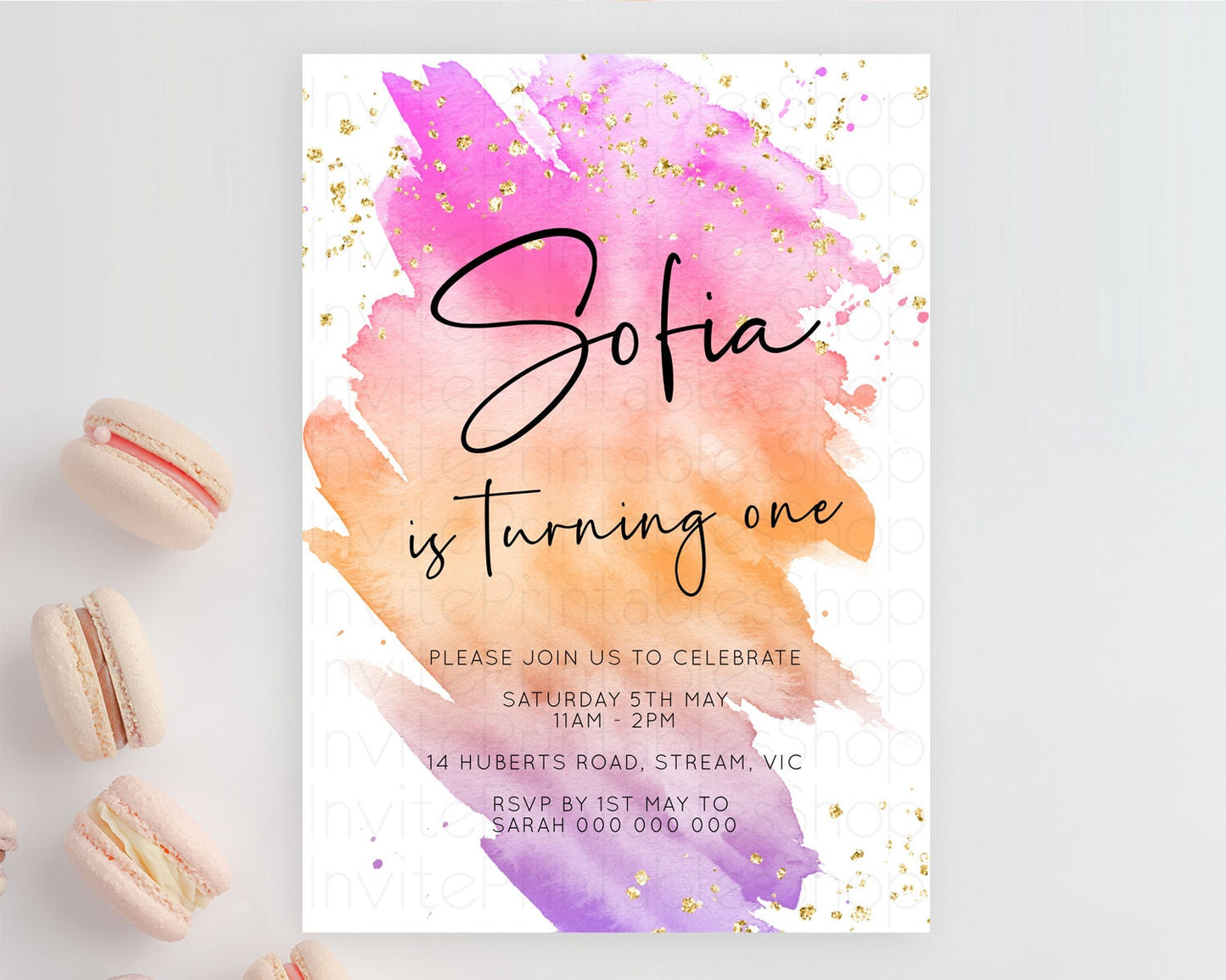 Rainbow Birthday Invitation Colorful Pastel Watercolor Invitation Gold Glitter Sprinkles Ombre Pastel 1st 2nd 3rd Birthday D10488