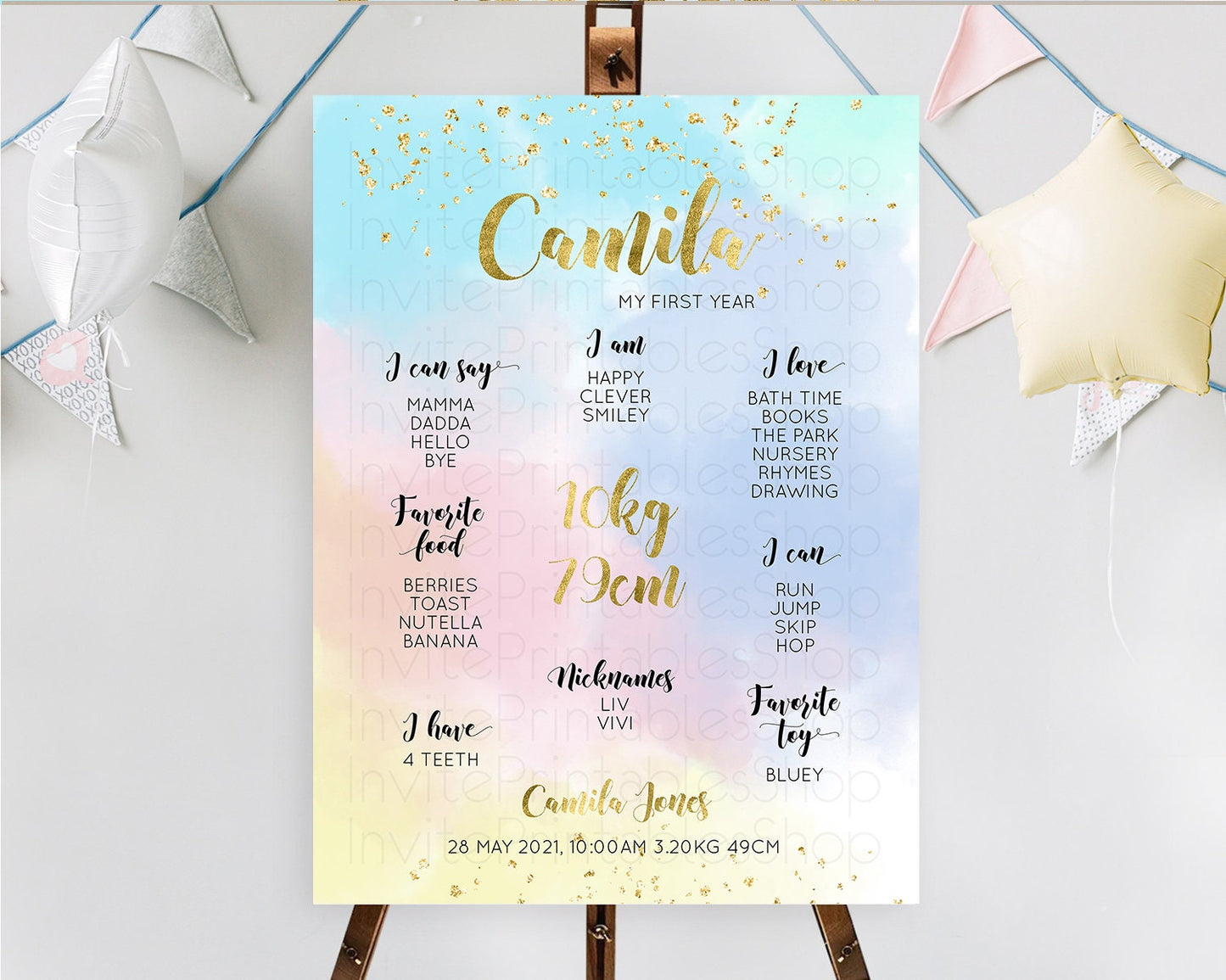 Pastel First Birthday Milestone Board Pastel Rainbow Milestone Poster Colorful Confetti Watercolor Glitter 1st Birthday Welcome Sign D10892