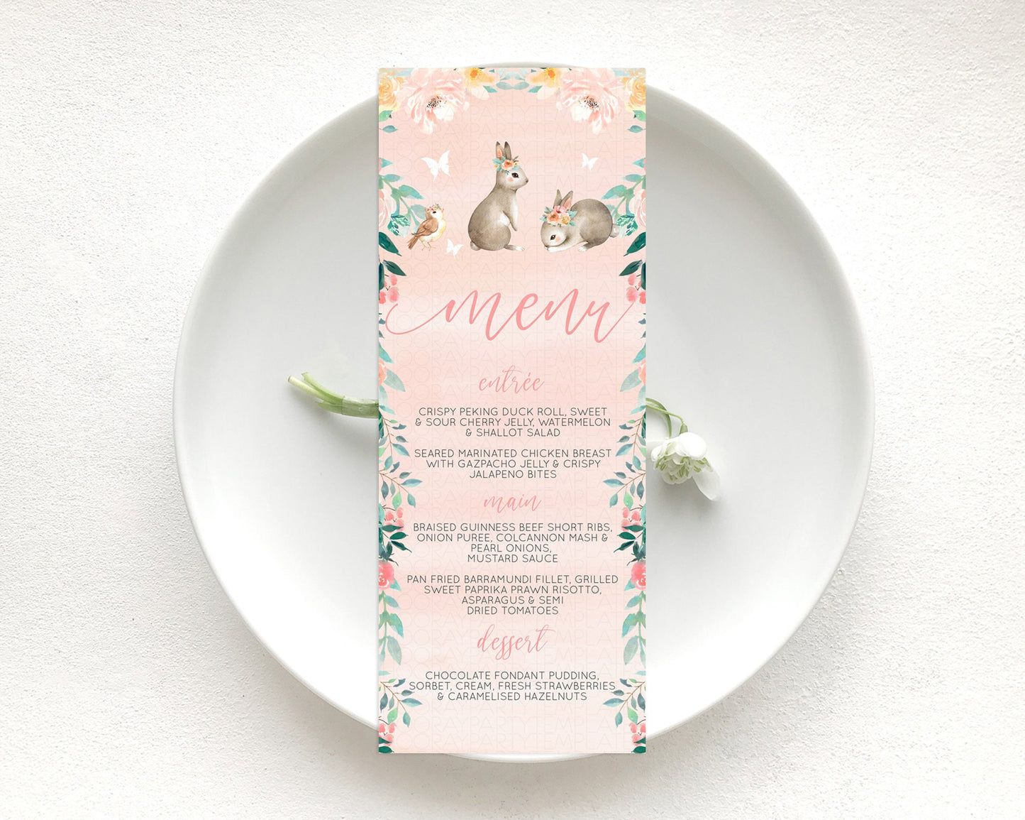 Bunny Menu Floral Bunny Menu Template Pastel Flowers Bunny Table Decor Secret Garden Bunny Dinner Dessert Menu Party Food Menu D10922