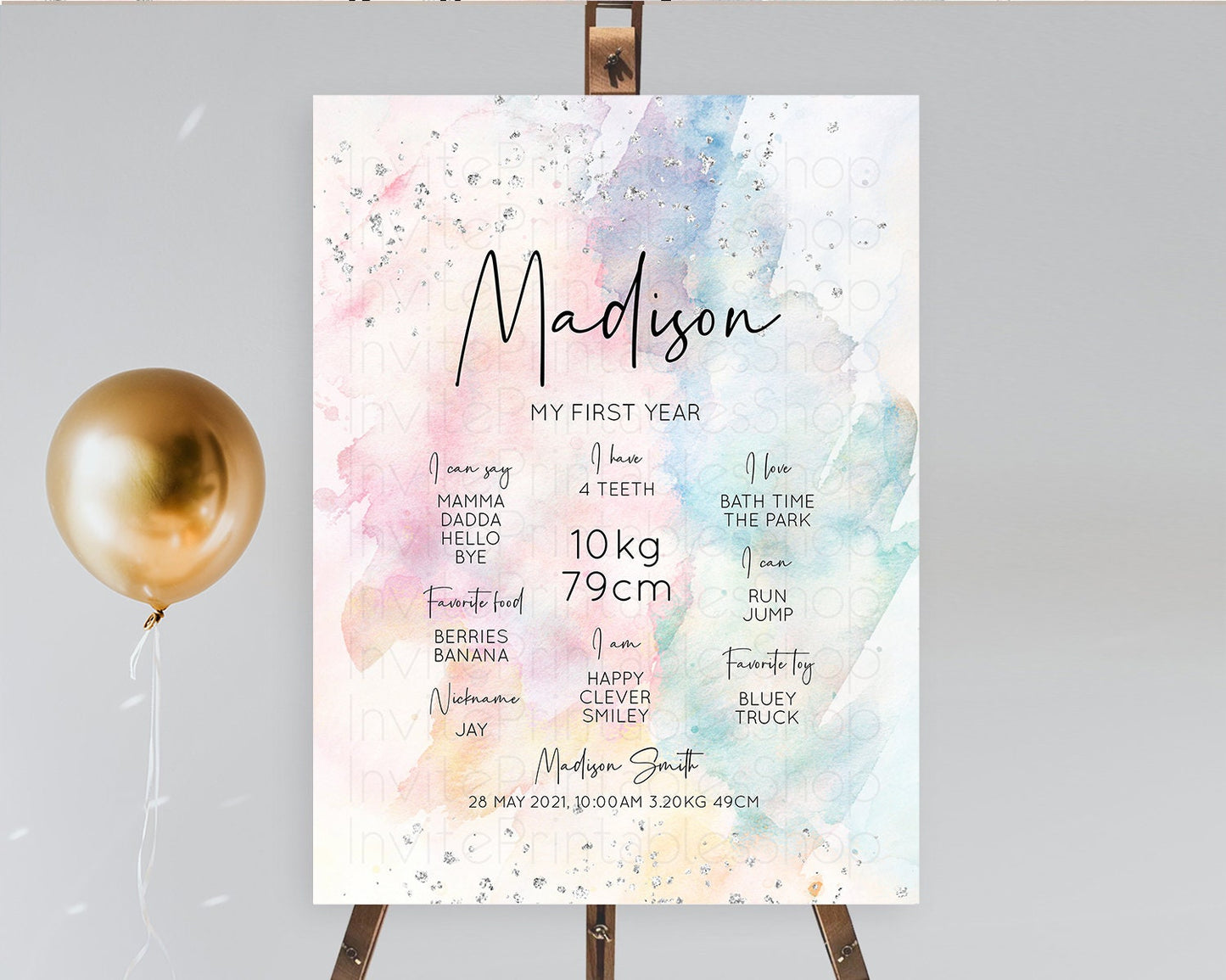 Pastel Rainbow First Birthday Milestone Board Pastel Milestone Poster Colorful Confetti Watercolor Silver 1st Birthday Welcome Sign D10945