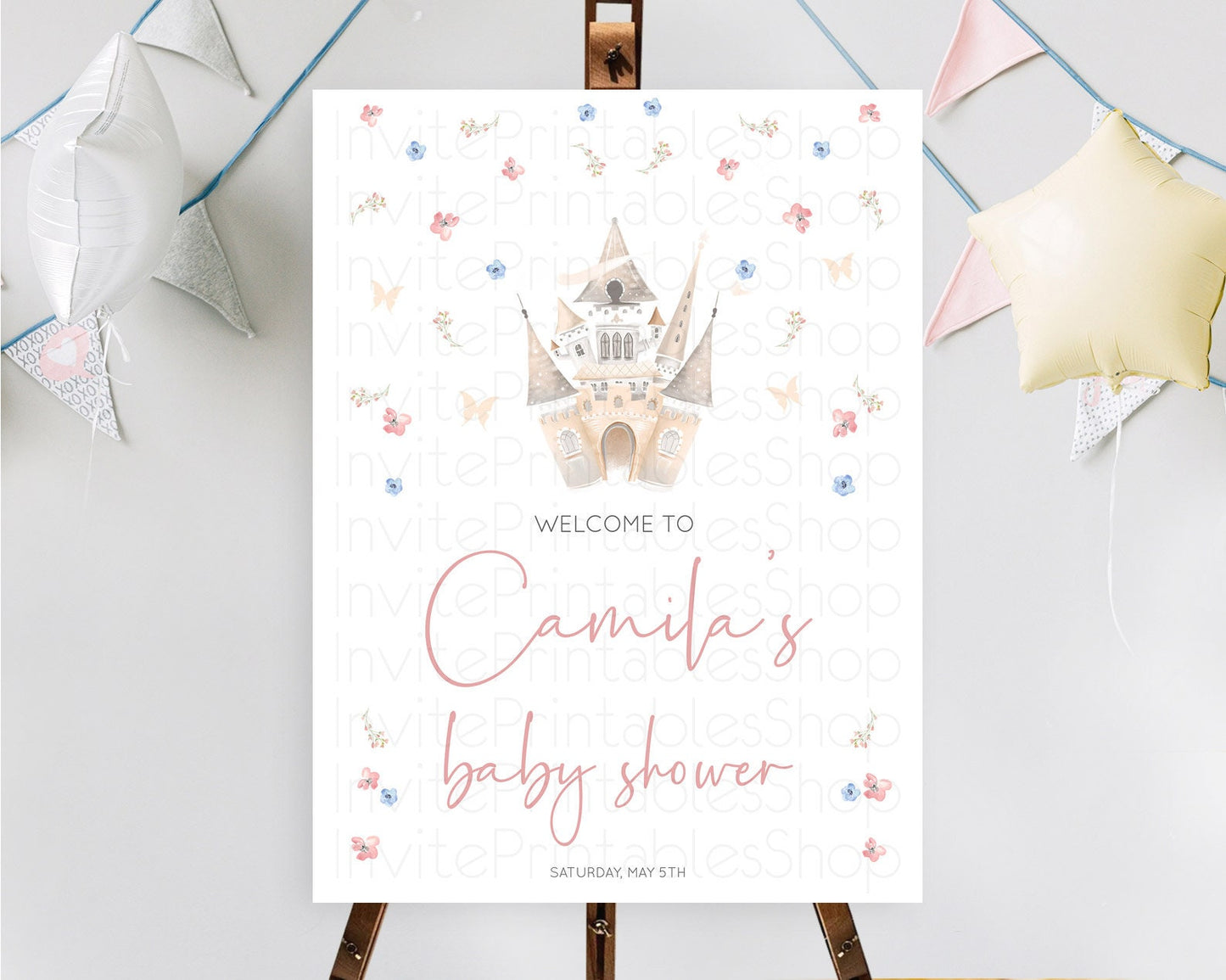 Princess Baby Shower Welcome Sign Castle Welcome Board Secret Garden Enchanted Castle Pastel Floral Garden Baby Shower Welcome Sign D10364