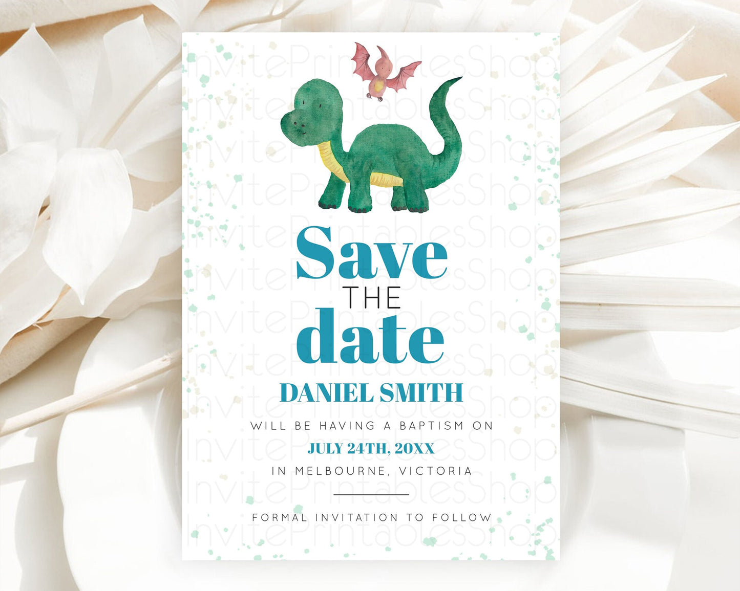 Dinosaur Save The Date Template Dinosaur Volcano Watercolor Volcano T-Rex Raptor Jurassic Party 1st Birthday Baptism Baby Shower D10153