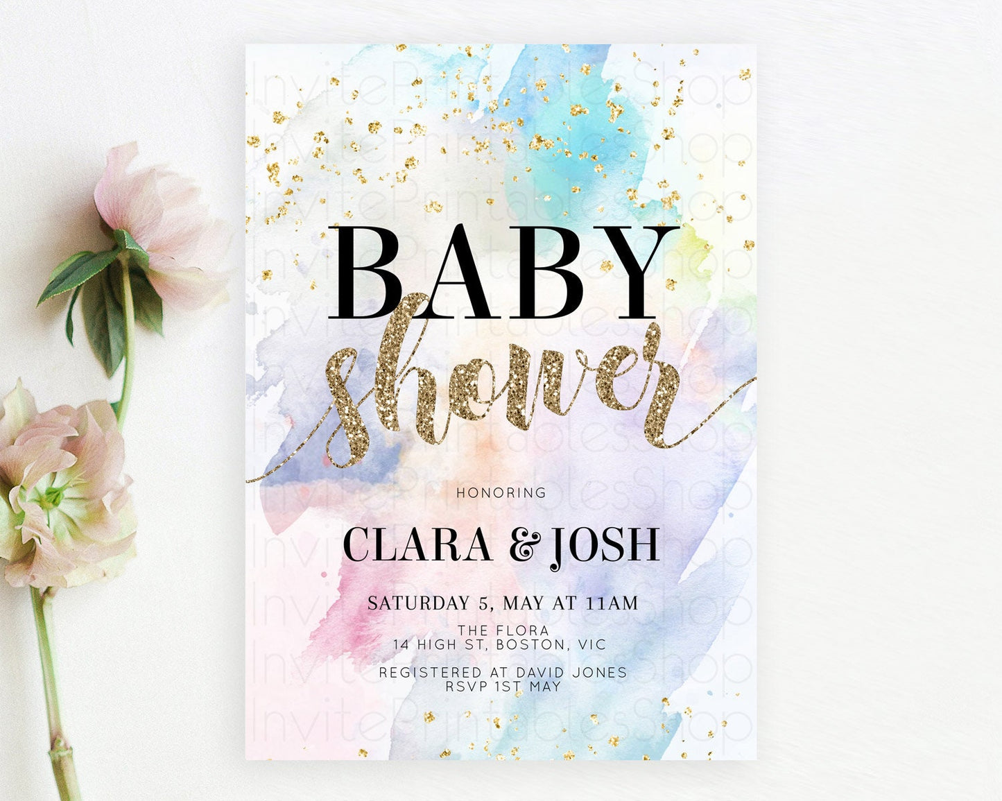 Pastel Baby Shower Invitation Rainbow Baby Shower Invitation Colorful Pastel Watercolor Invitation Gold Glitter Sprinkles Ombre D10421