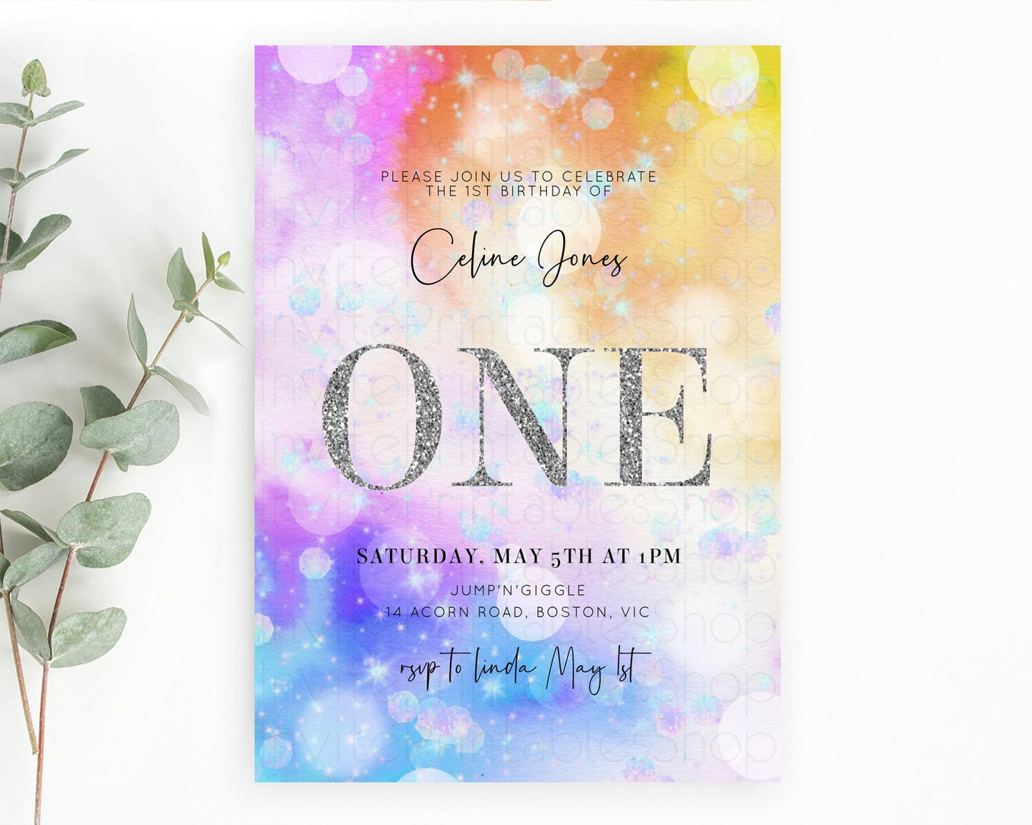 Rainbow Birthday Invitation Colorful Pastel Watercolor Silver Glitter Sprinkles Ombre Pastel Invitation 1st 2nd 3rd First Birthday D10690