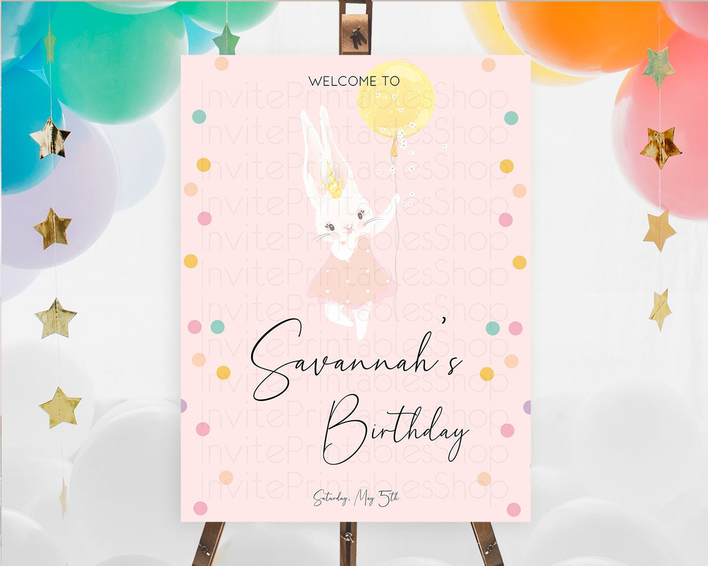 Bunny Welcome Sign Bunny Balloon Welcome Board Colorful Pastel Confetti Bunny Welcome Poster Sprinkles First Birthday Welcome Sign D10219