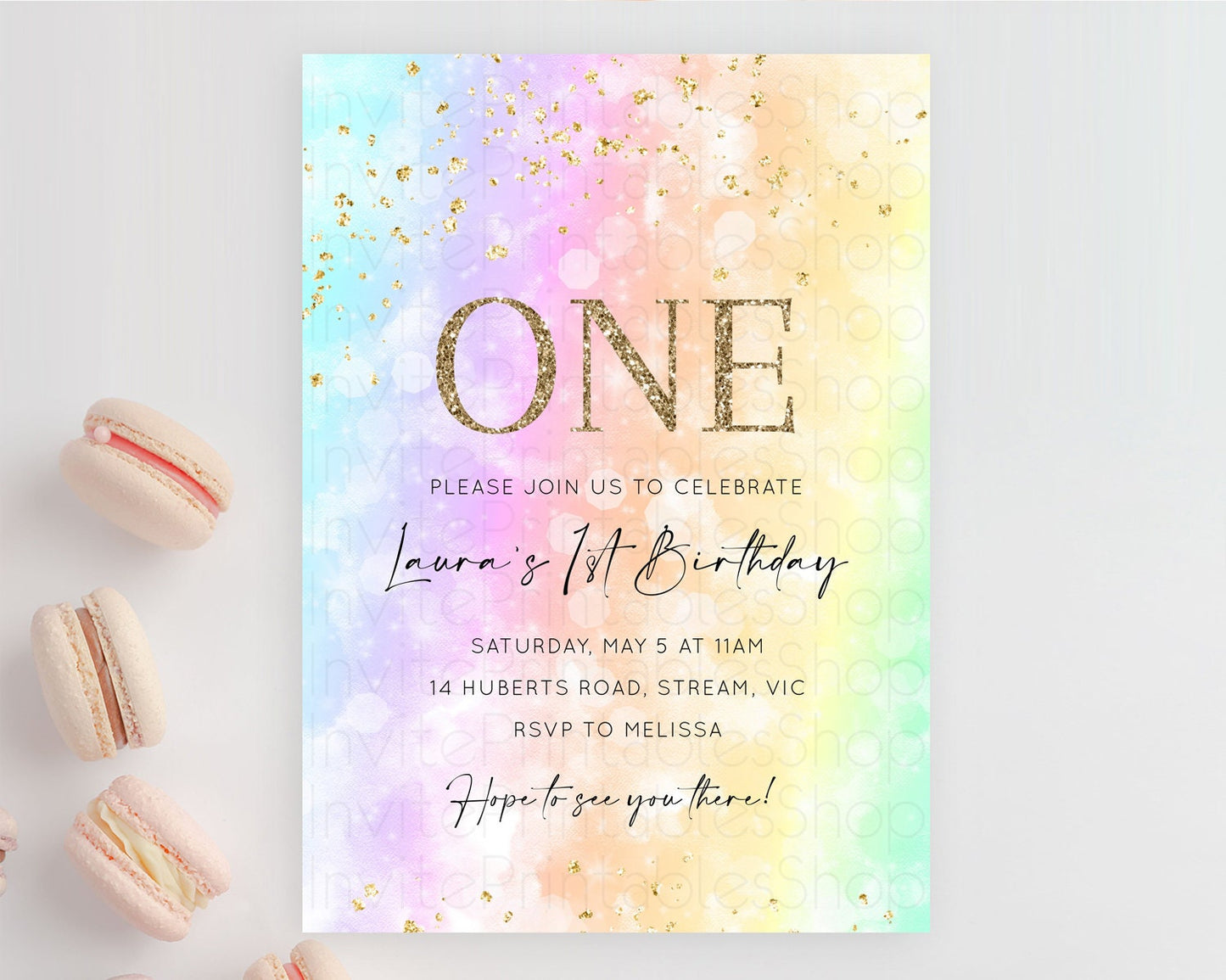 Rainbow Birthday Invitation Colorful Pastel Watercolor Invitation Gold Glitter Sprinkles Ombre Pastel 1st 2nd 3rd Birthday D10647