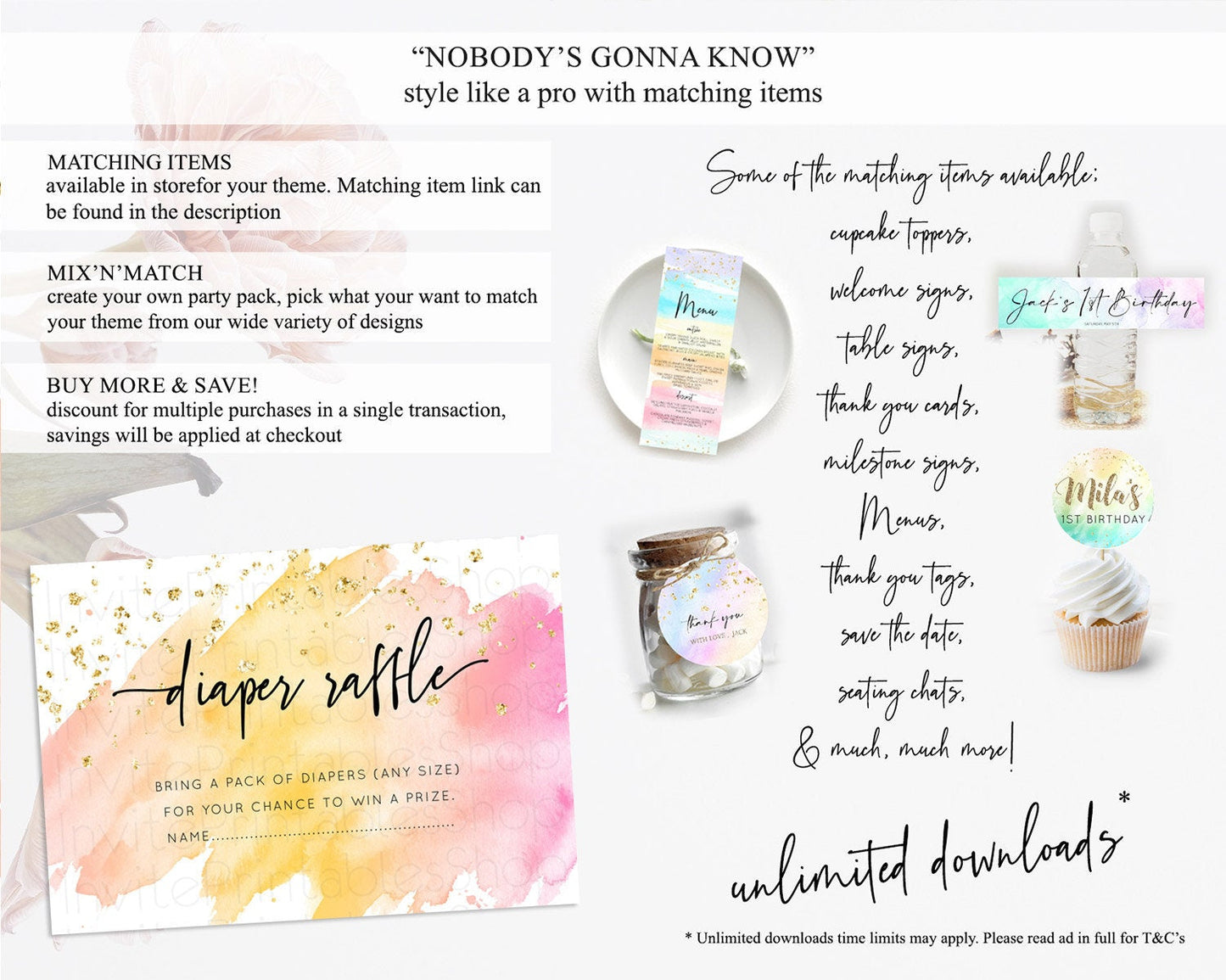 Pastel Diaper Raffle Card Pastel Rainbow Diaper Raffle Insert Colorful Ombre Watercolor Diaper Ticket Confetti Glitter Raffle Game D10527