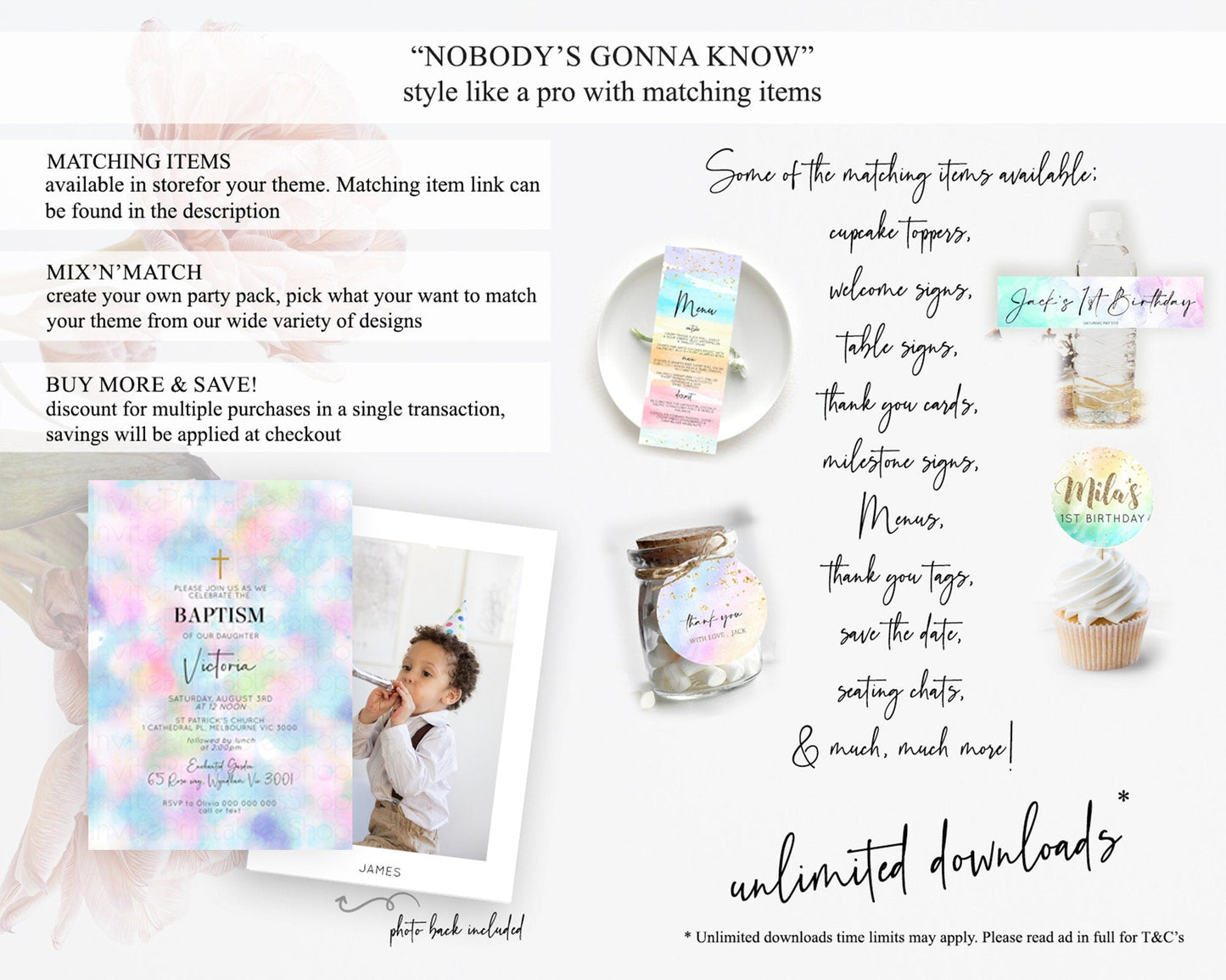 Pastel Baptism Invitation Pastel Colors Watercolor Baptism 1st Birthday Party Gold Ombre Pastel Rainbow Christening Holy Communion D10694