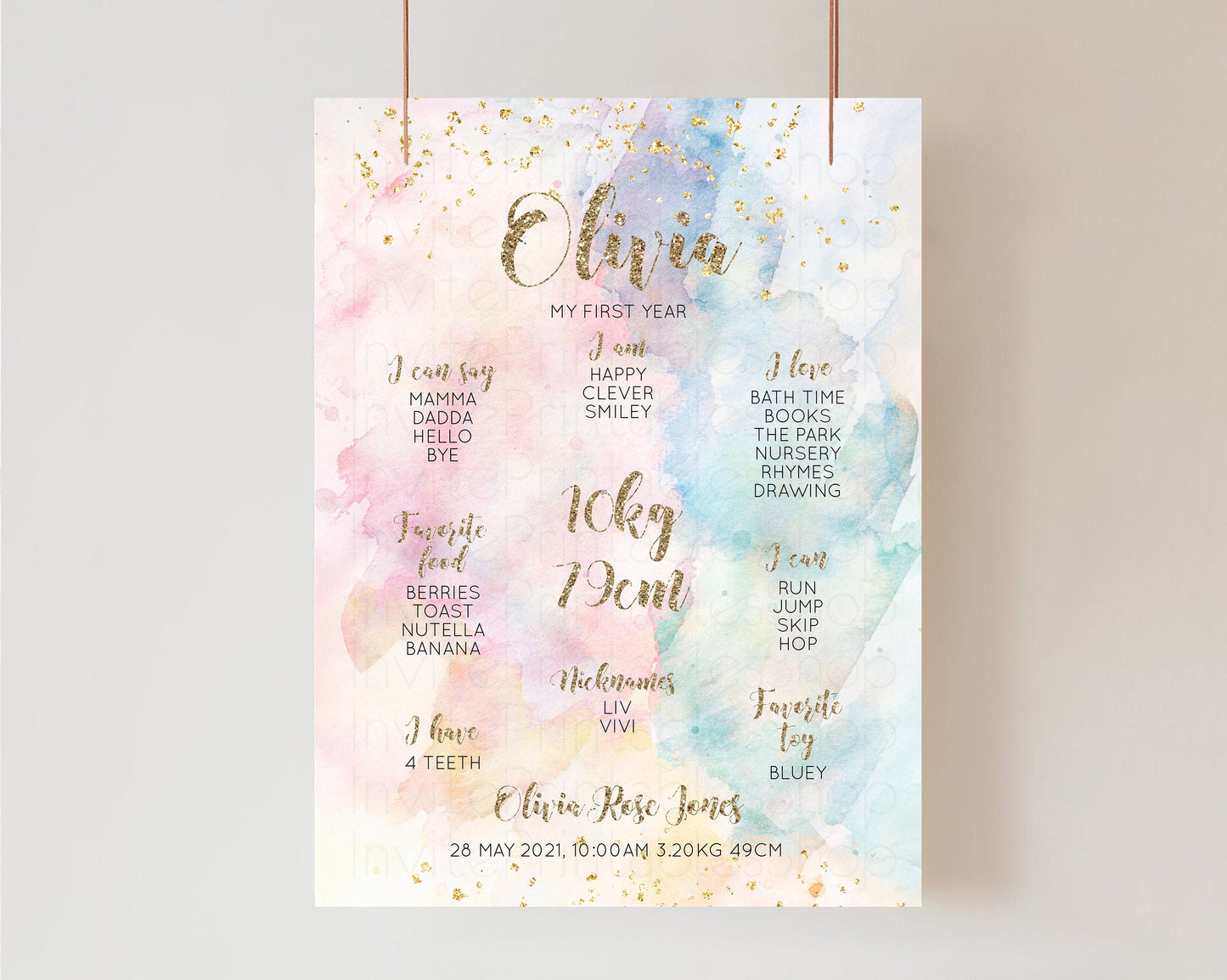 Pastel First Birthday Milestone Board Pastel Rainbow Milestone Poster Watercolor Glitter One Year Poster Colorful Splash Baby 1st Year 276