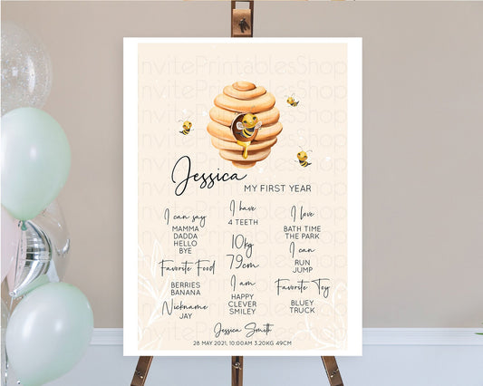 Bee First Birthday Milestone Board Bee Milestone Poster Bee Day Beehive Milestone Sweet Honey Bee Yellow First Birthday Welcome Sign D10754