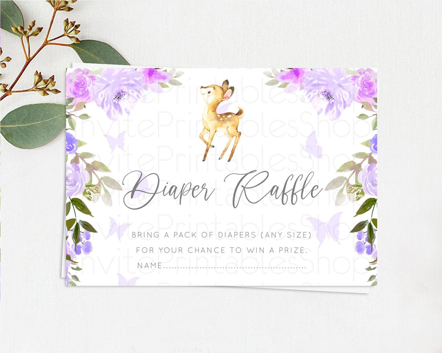 Fawn Diaper Raffle Card Deer Diaper Insert Floral Deer Diaper Ticket Enchanted Forest Butterfly Pastel Baby Shower Raffle Game D10916