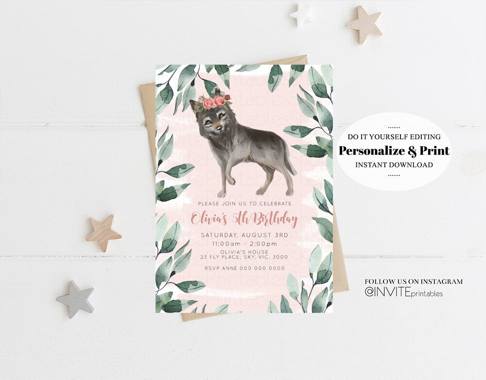 Wolf Invitation Wolf Birthday Invite Grey Baby Wolf Tribal Boho Pink Pastel Flower Crown Greenery Garden Forest Custom Invite