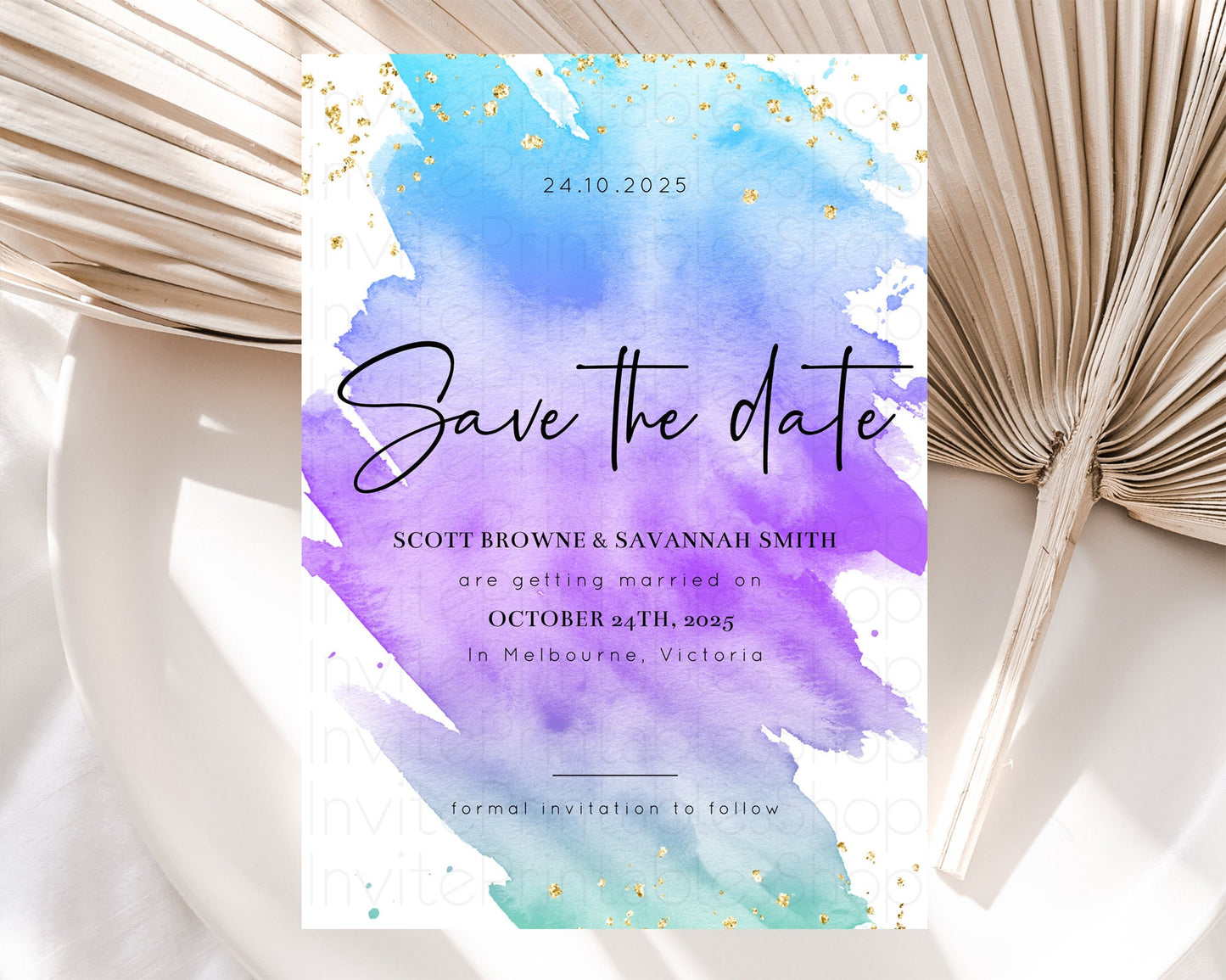 Pastel Save The Date Template Pastel Ombre Rainbow Watercolor Colorful Party For Birthday Baptism Baby Shower Wedding Bridal Shower D10491