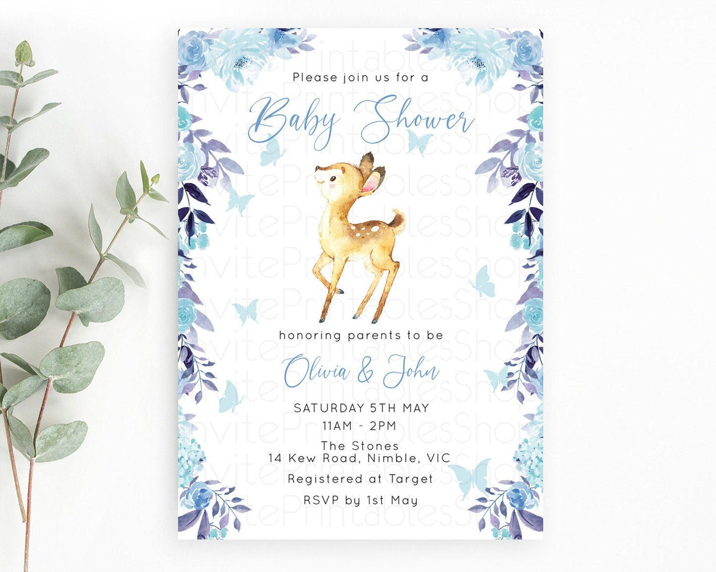 Enchanted Forest Baby Shower Invitation: Secret Garden Fawn, Deer, Butterflies, and Blue Flowers - Whimsical Woodland Theme D10917