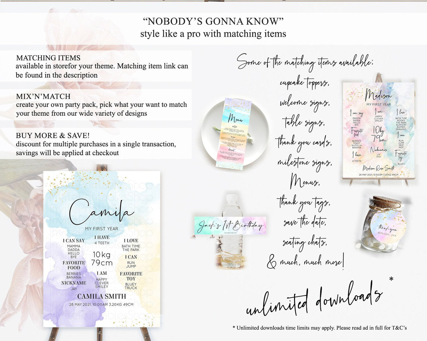 Pastel First Birthday Milestone Board Pastel Rainbow Milestone Poster Colorful Confetti Watercolor Glitter 1st Birthday Welcome Sign D10208