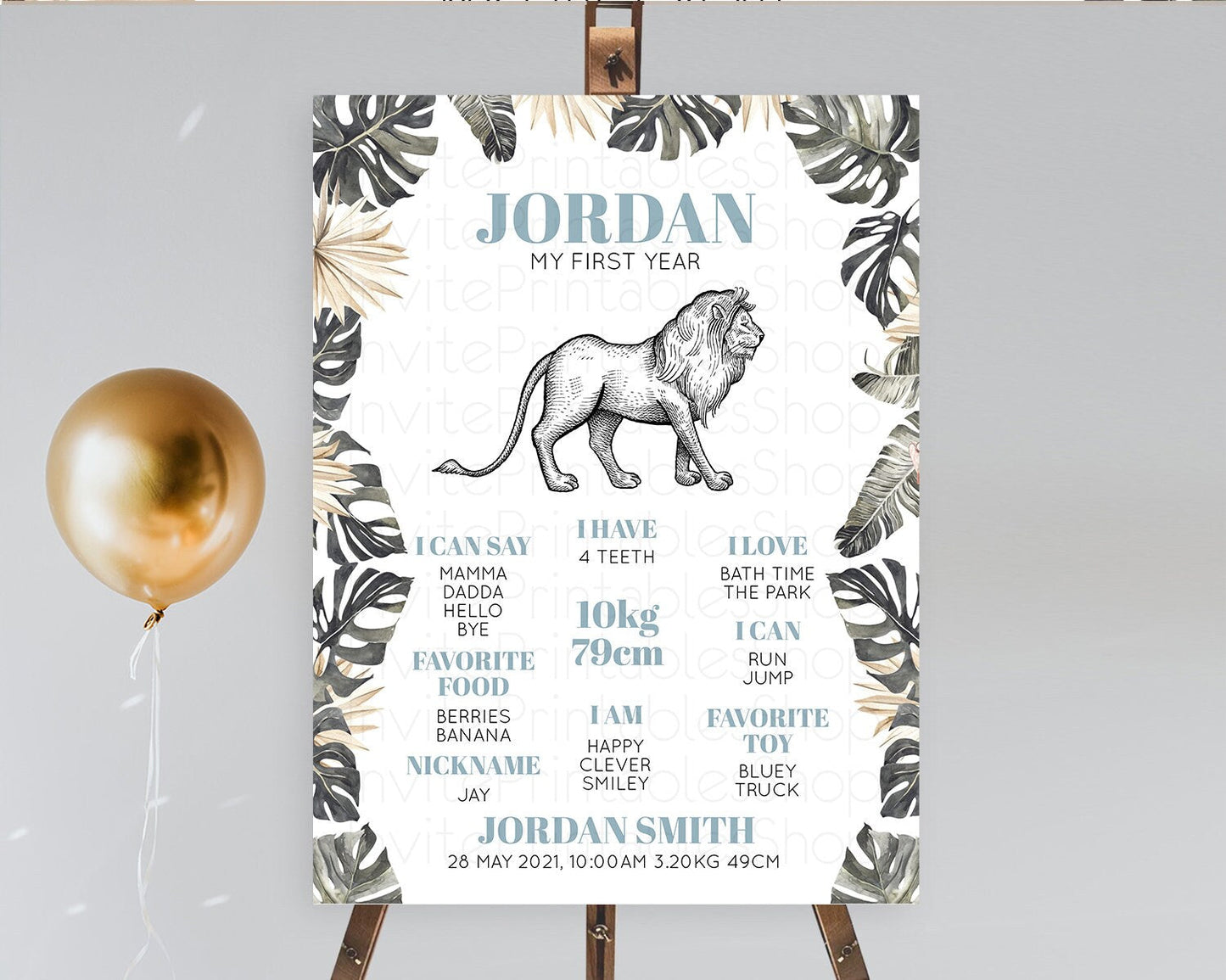 Lion First Birthday Milestone Board Lion Milestone Poster Lion Decor Safari Adventure Palm Leaf Lion First Birthday Welcome Sign D10807