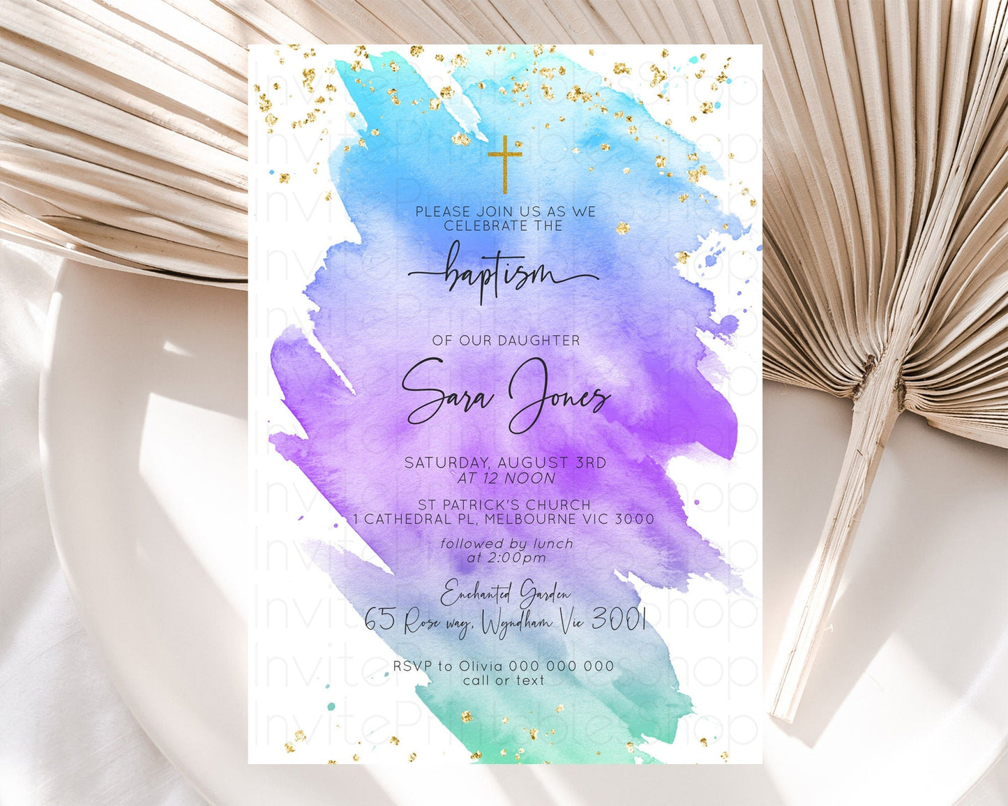 Pastel Baptism Invitation Pastel Colors Watercolor Baptism 1st Birthday Party Gold Ombre Pastel Rainbow Christening Holy Communion D10491