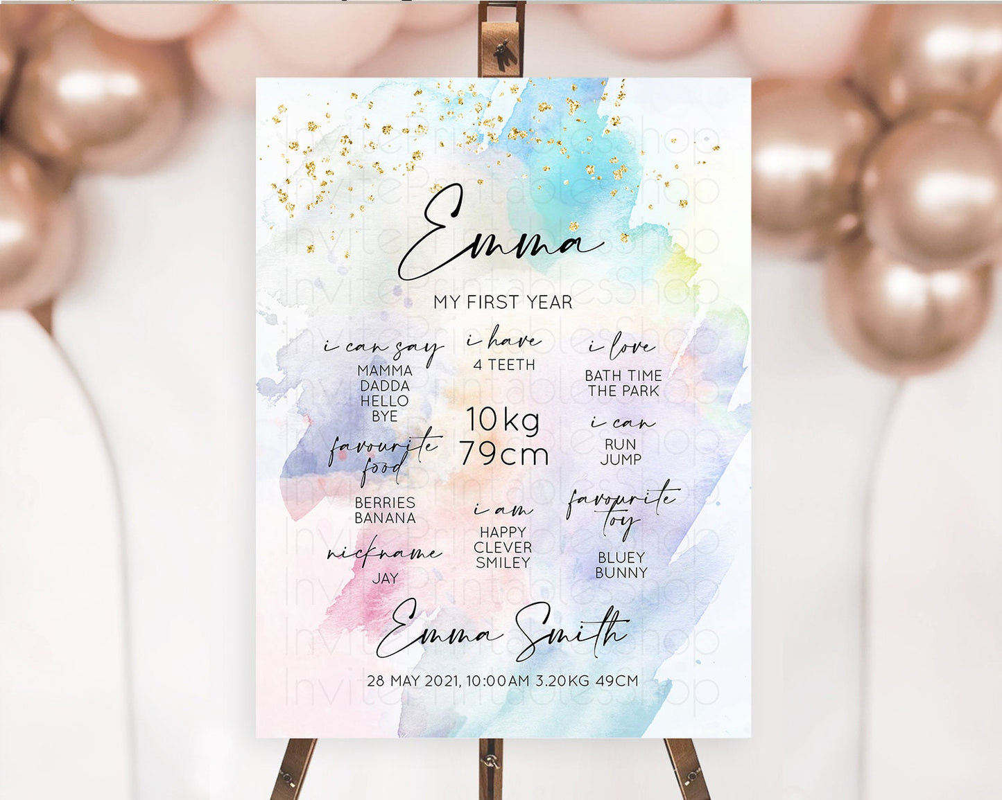 Pastel First Birthday Milestone Board Pastel Rainbow Milestone Poster Colorful Confetti Watercolor Glitter 1st Birthday Welcome Sign D10420