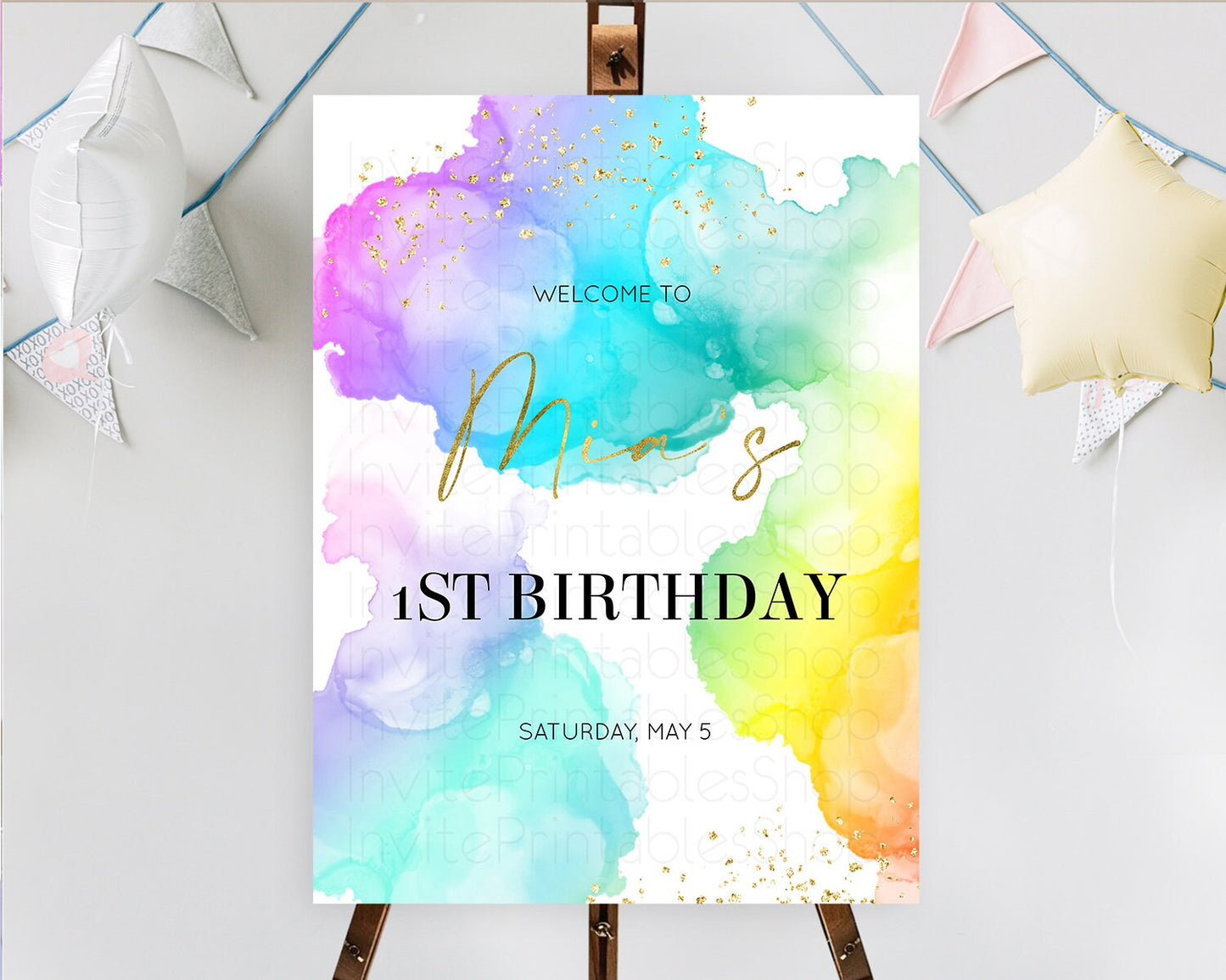 Pastel Welcome Sign Pastel Rainbow Welcome Sign Colorful Rainbow Confetti Watercolor Glitter Pastel First Birthday Welcome Sign D10213