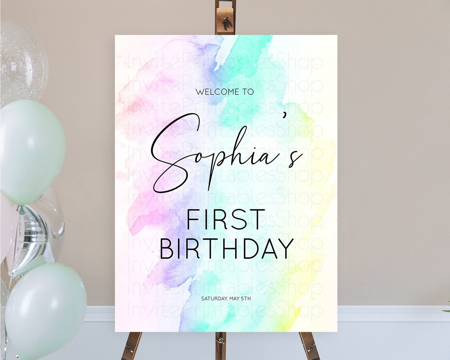 Pastel Welcome Sign Pastel Rainbow Welcome Sign Colorful Rainbow Confetti Watercolor Glitter Pastel First Birthday Welcome Sign D10231