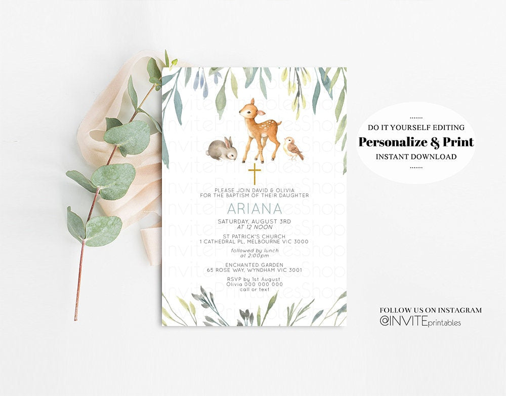 Leaf Deer Baptism Invitation Enchanted Garden Christening Invitation Forest Animals Eucalyptus Leaves Green Soft Pastel Gold Orthodox Cross