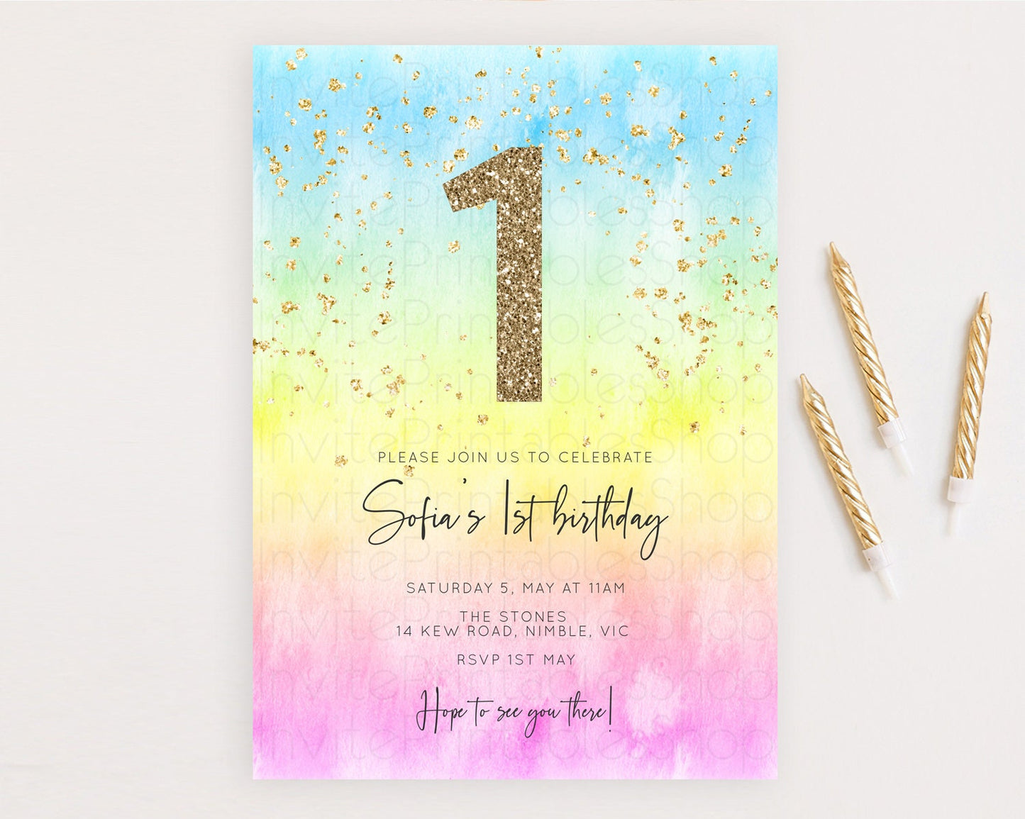 Rainbow Birthday Invitation Colorful Pastel Watercolor Invitation Gold Glitter Sprinkles Ombre Pastel 1st 2nd 3rd Birthday D10480
