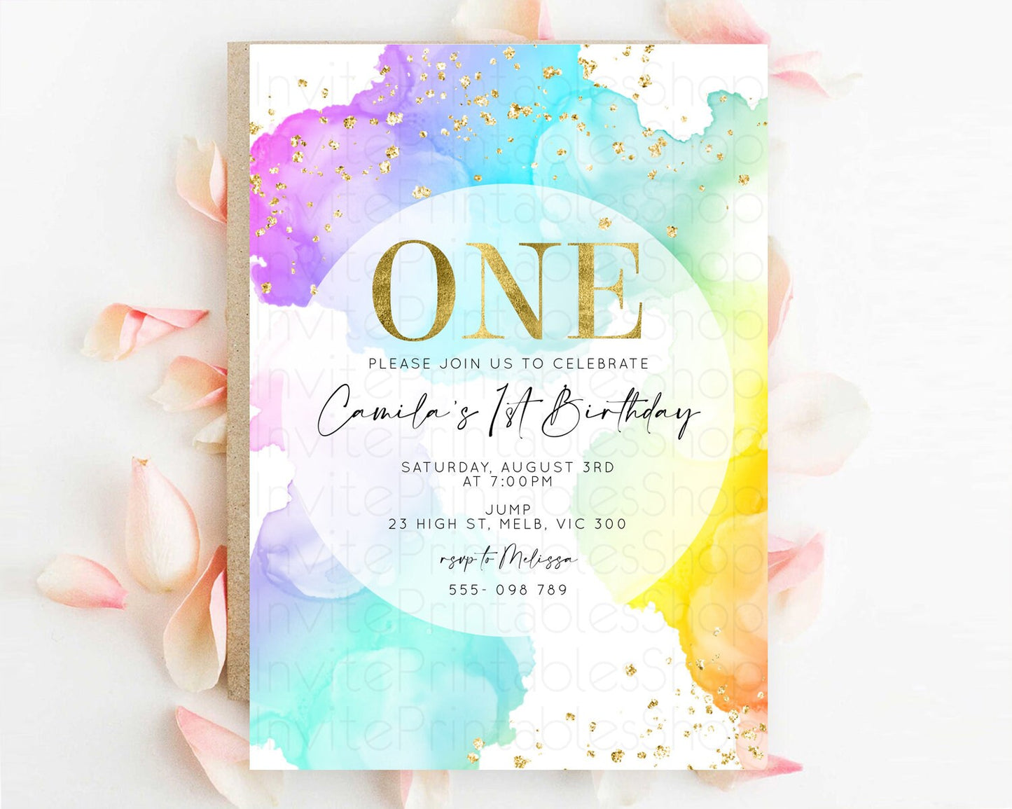 Editable Rainbow Birthday Invitation Colorful Pastel Watercolor Invitation G
