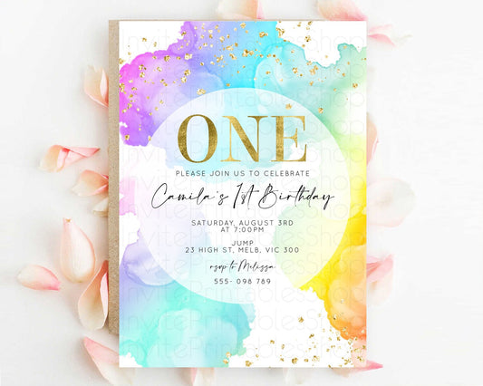 Editable Rainbow Birthday Invitation Colorful Pastel Watercolor Invitation G
