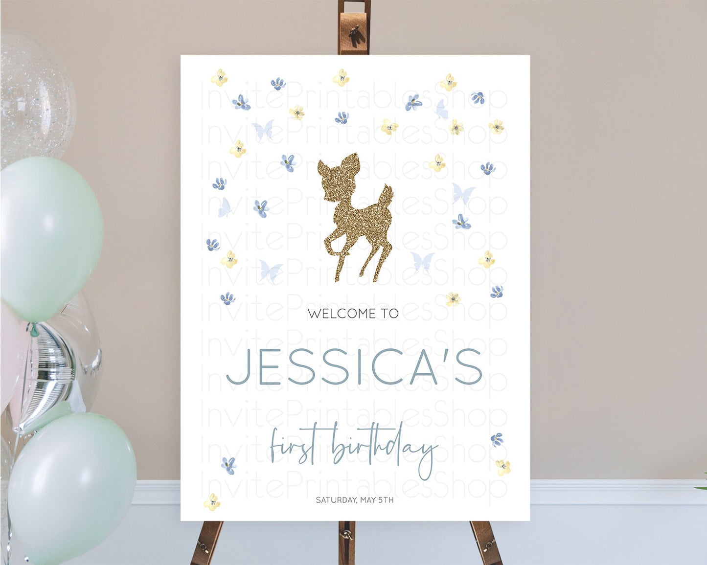 Fawn Welcome Sign Deer Welcome Board Floral Deer Welcome Poster Enchanted Forest Butterfly Pastel Floral First Birthday Welcome Sign D10864