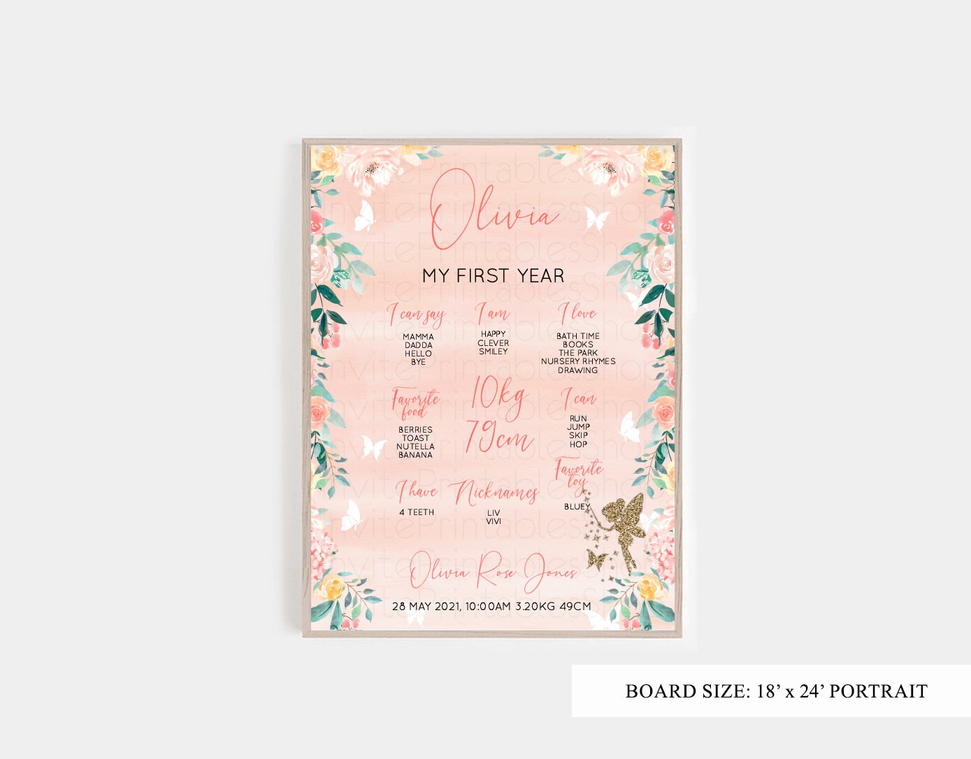 Fairy Baby Milestone Board Watercolor Floral Garden Magic First Birthday Poster Welcome Board 1st Birthday Baby Keepsake Milestone Sign