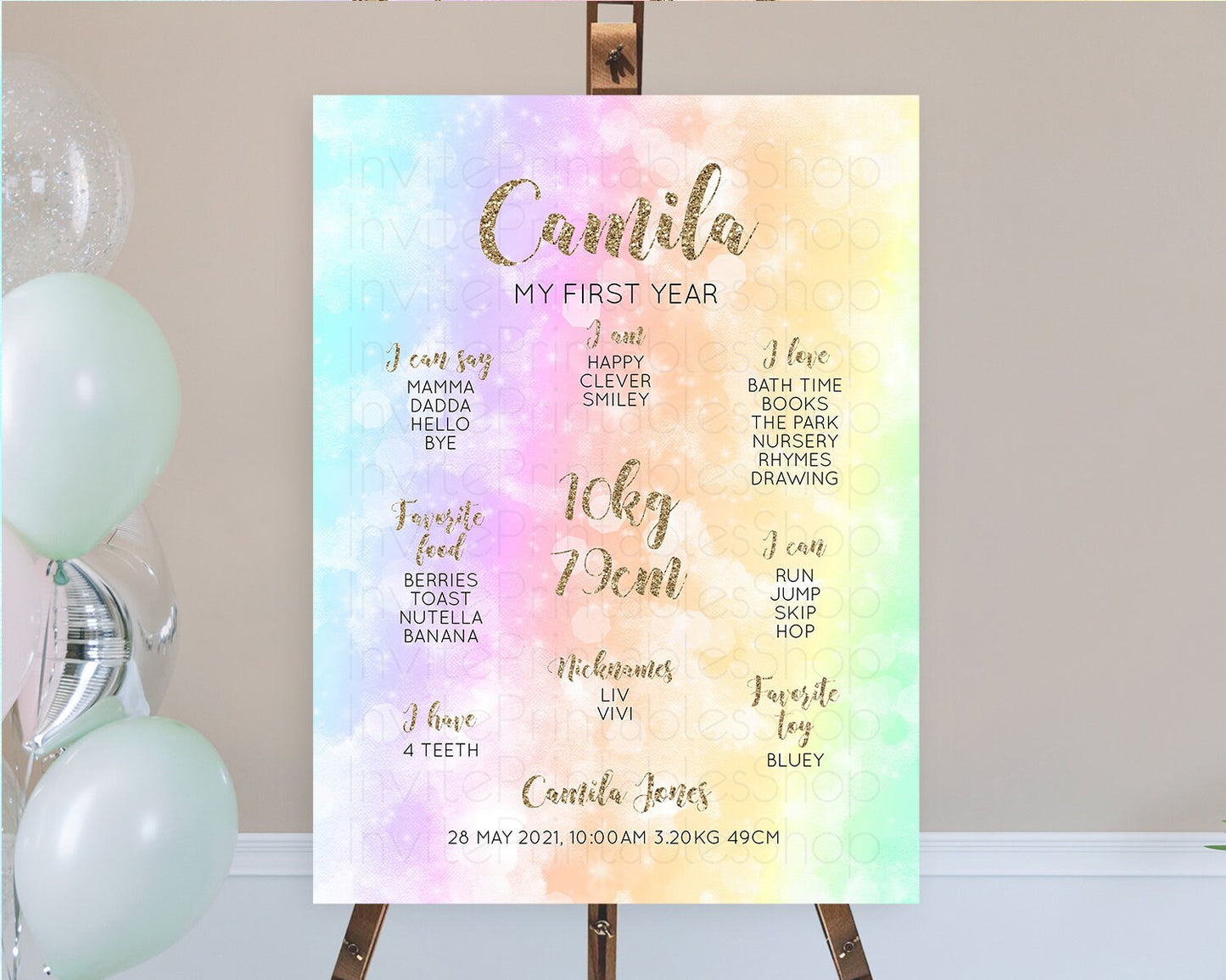 Pastel First Birthday Milestone Board Pastel Rainbow Milestone Poster Colorful Confetti Watercolor Glitter 1st Birthday Welcome Sign D10648