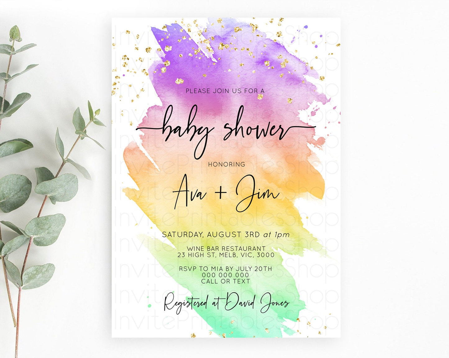 Pastel Baby Shower Invitation Rainbow Baby Shower Invitation Colorful Pastel Watercolor Invitation Gold Glitter Sprinkles Ombre D10518