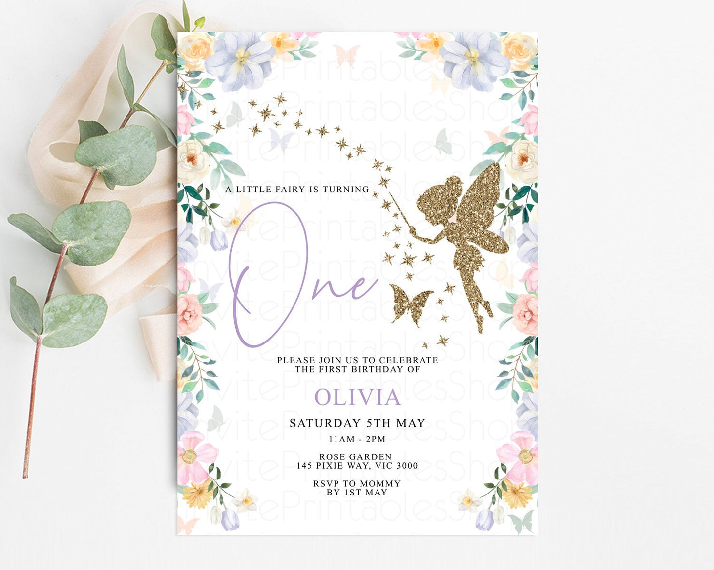 Fairy Birthday Invitation Glitter Fairy Invite Enchanted Garden Tinkerbell Invite Pastel Floral Invite Butterfly Garden Invite 1st 2nd F513