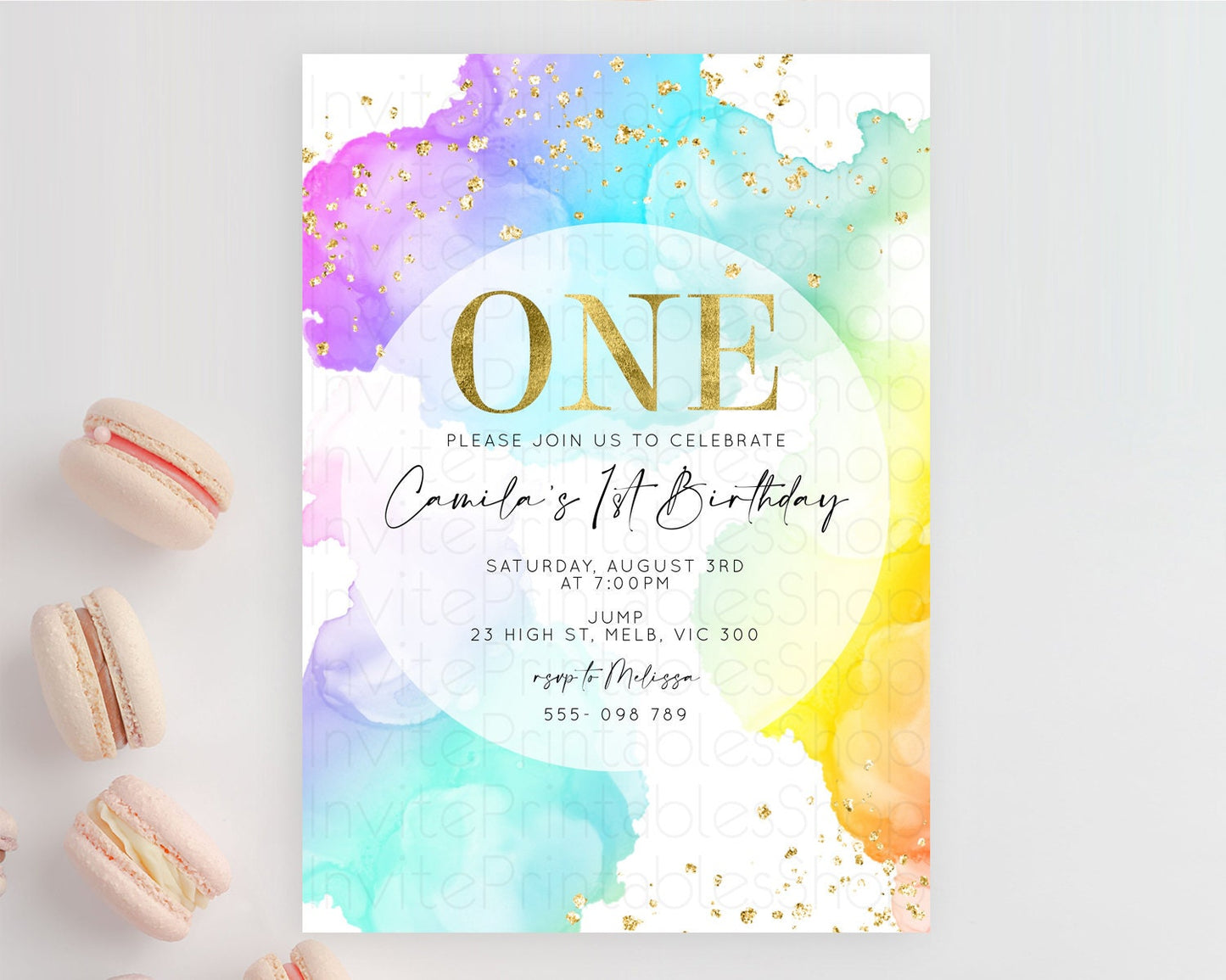 Rainbow Birthday Invitation Colorful Pastel Watercolor Invitation Gold Glitter Sprinkles Ombre Pastel 1st 2nd 3rd Birthday D10213