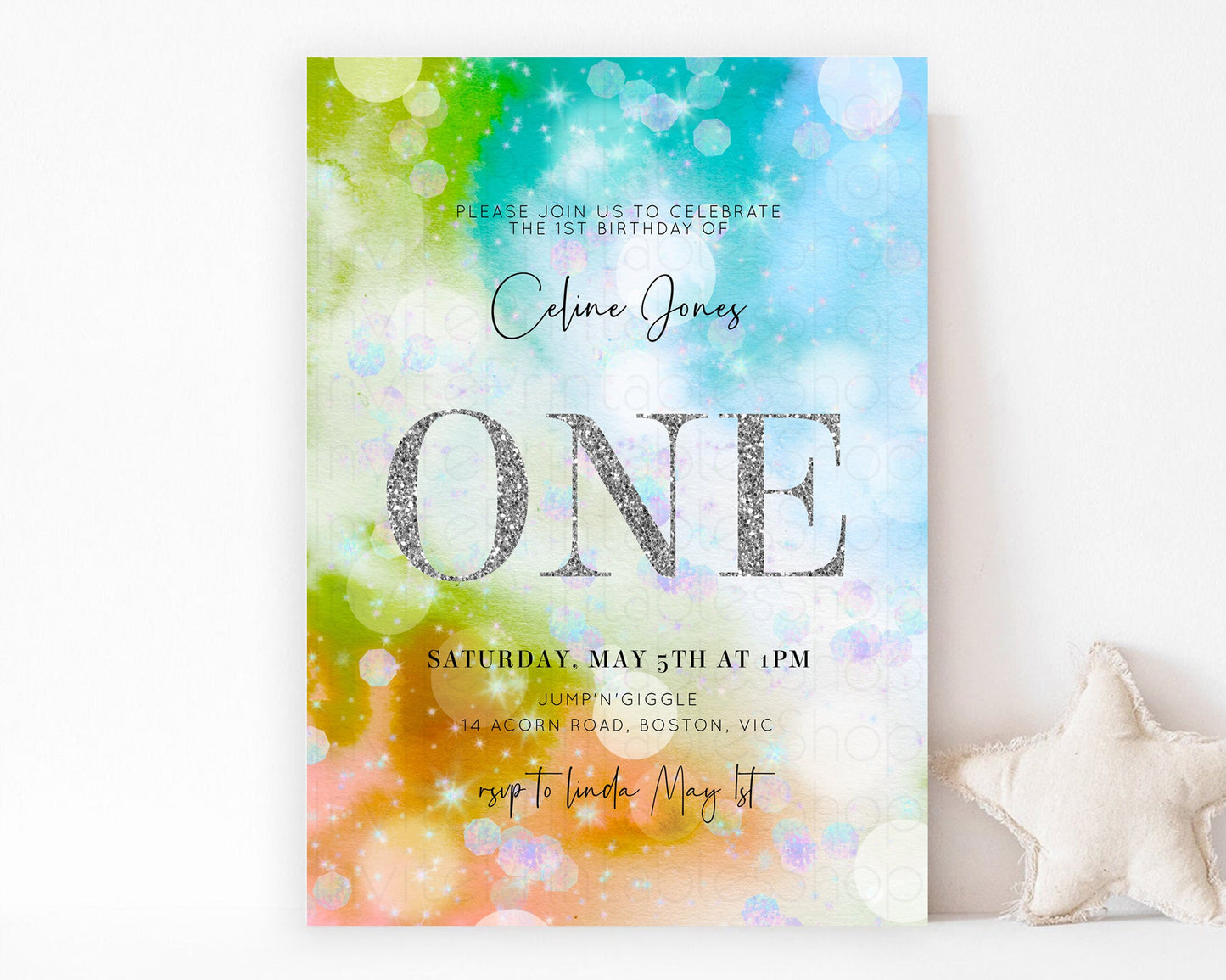 Rainbow Birthday Invitation Pastel Birthday Invite Ombre Watercolor Invite Enchanted Theme Colorful Splash Glitter Sprinkles 1st 2nd 3rd