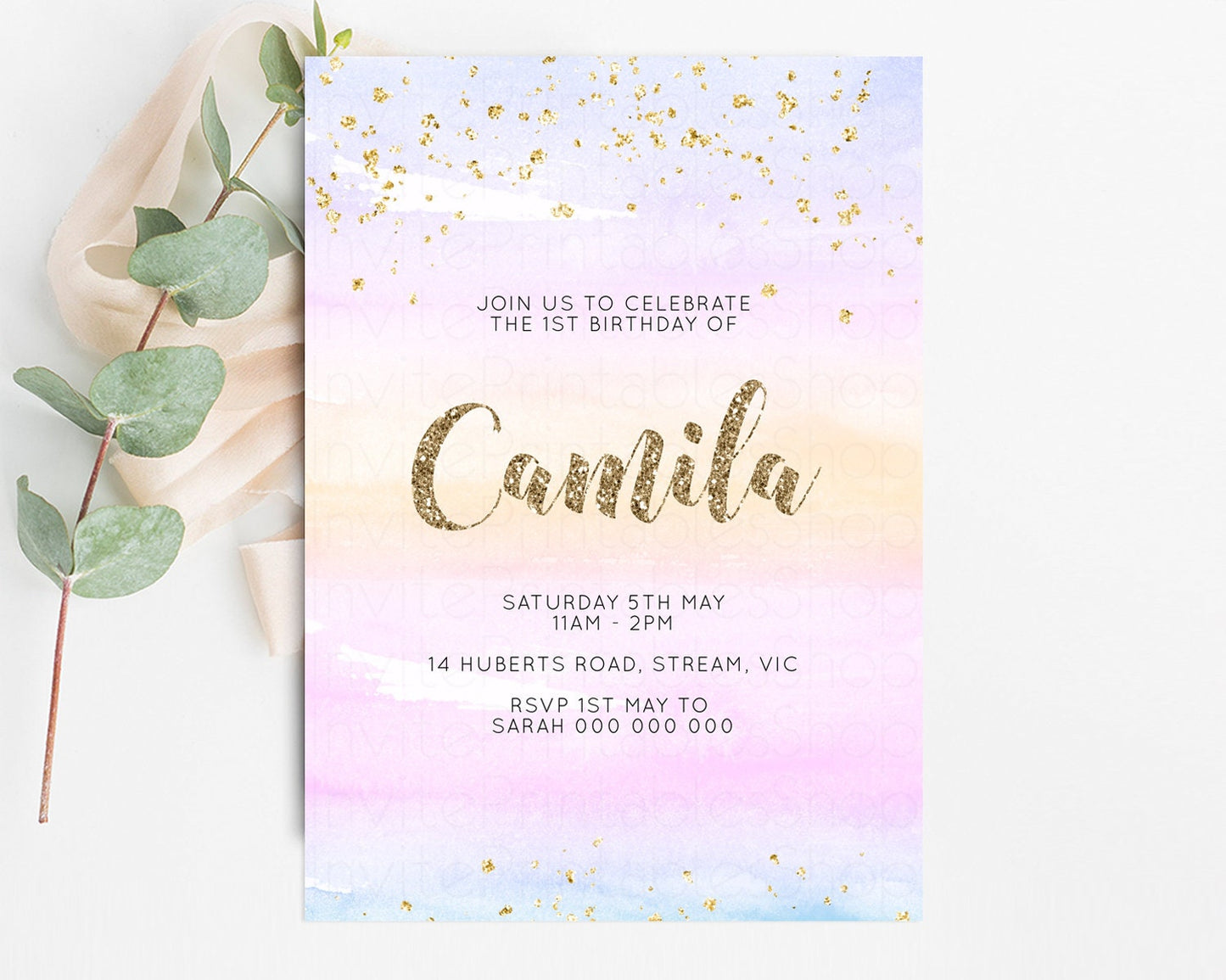 Pastel Birthday Invite Colorful Birthday Invitation Orange Purple Watercolor Invite Pastel Pink Ombre Invite Glitter Invite 1st 2nd 3rd P581