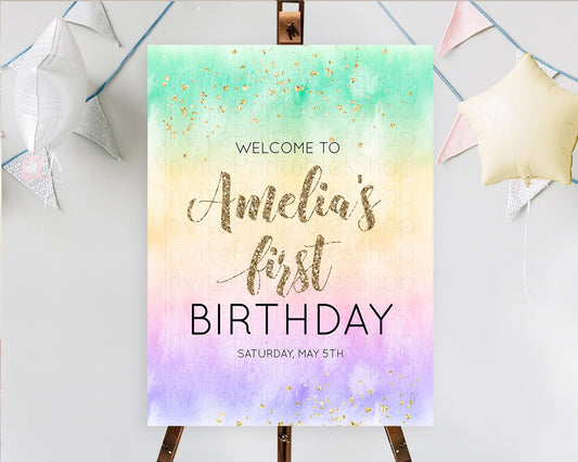 Pastel Welcome Sign Pastel Rainbow Welcome Sign Colorful Rainbow Confetti Watercolor Glitter Pastel First Birthday Welcome Sign D10478