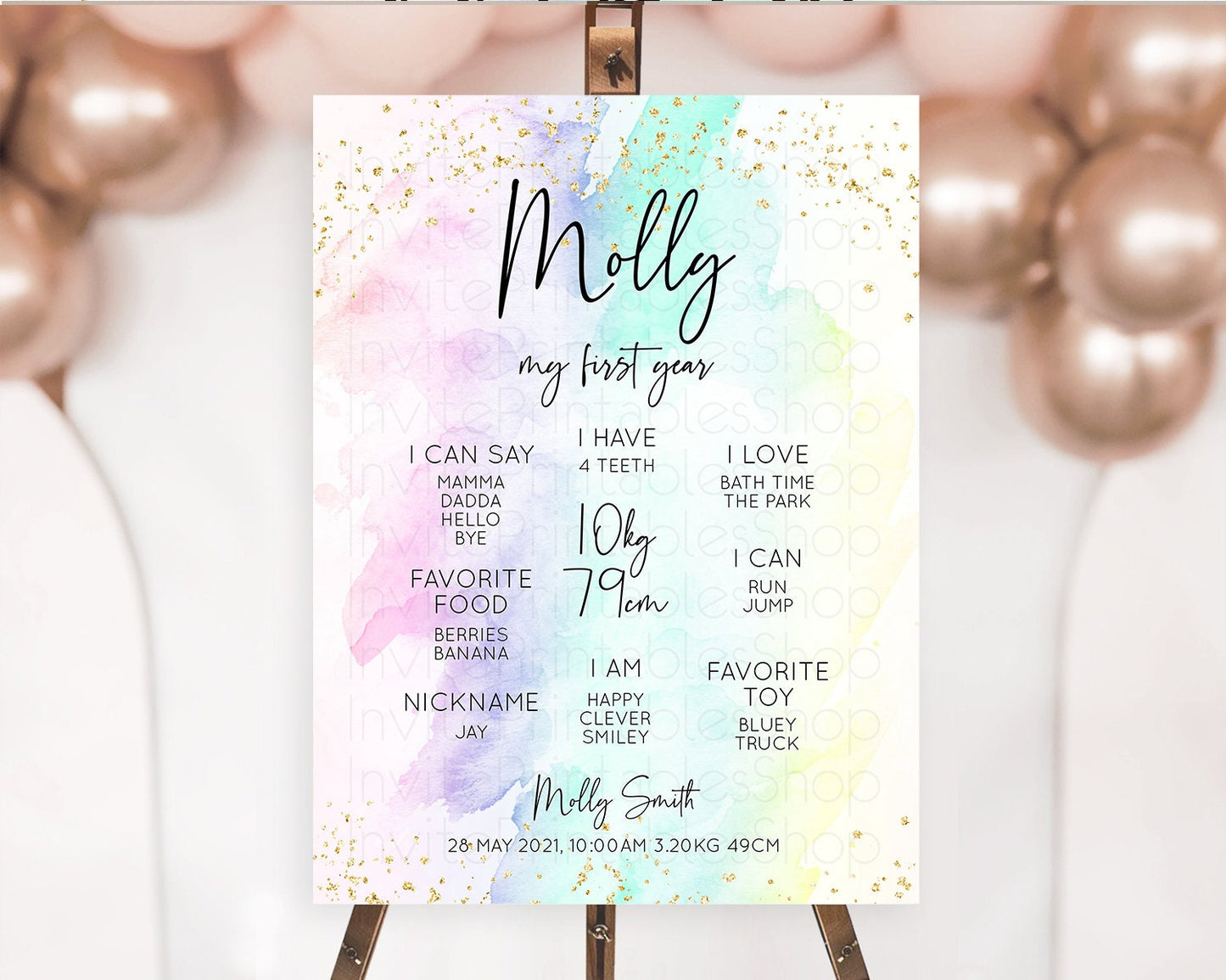 Pastel First Birthday Milestone Board Pastel Rainbow Milestone Poster Colorful Confetti Watercolor Glitter 1st Birthday Welcome Sign D10231