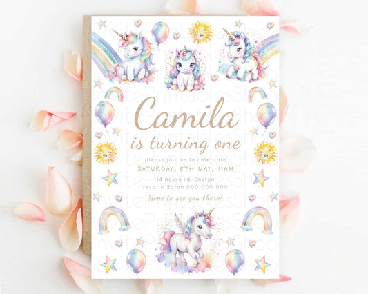 Editable Rainbow Unicorn Birthday Invitation Pastel Birthday Invitation Magi