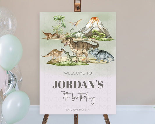 Dinosaur Welcome Sign Dinosaur Volcano Welcome Poster Dino Watercolor Volcano T-Rex Raptor Jurassic First Birthday Welcome Sign D10671