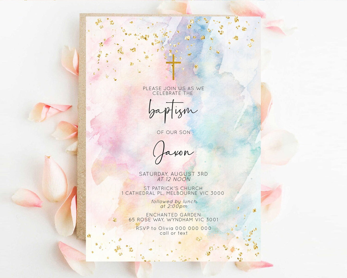 Rainbow Baptism Invitation Pastel Christening Invitation Holy Communion Invitation Glitter Watercolor Splash Invitation Colorful Invite 276