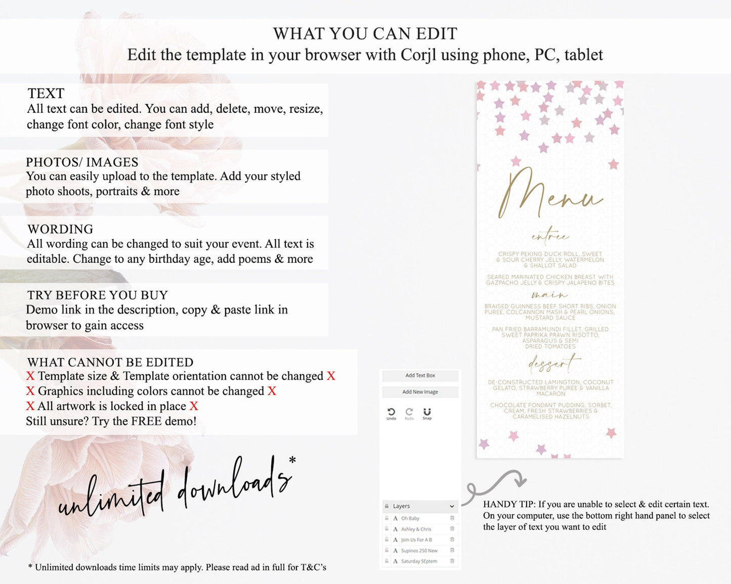 Star Menu Template Pastel Stars Menu Shooting Star Twinkle Little Star Decor Rainbow Colorful Confetti Dinner Dessert Food Menu D10344